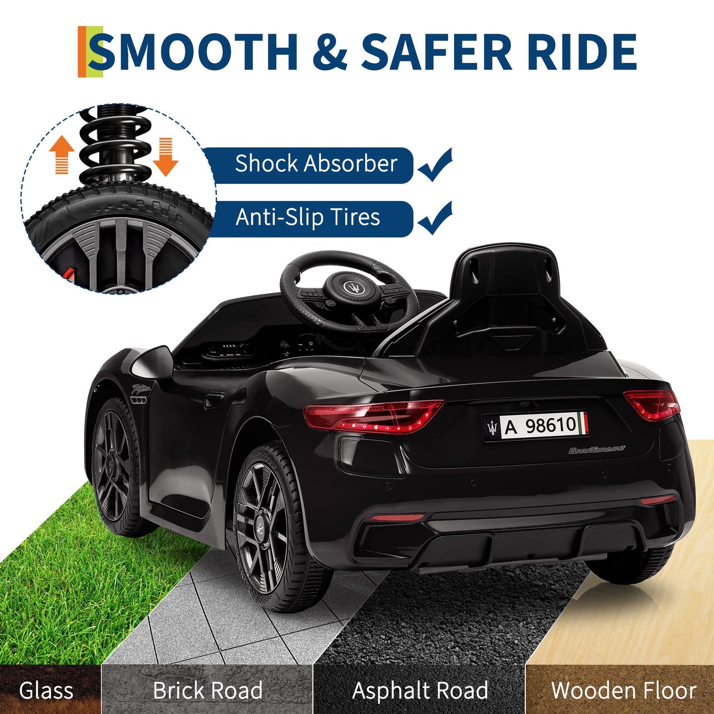Garvee Ride - P Series: 12V Battery Powered Motorized Car for Kids with Remote Control, Spring Suspension, Double Doors, Bright Lights, 4 Wheel Electric Vehicle, Black
