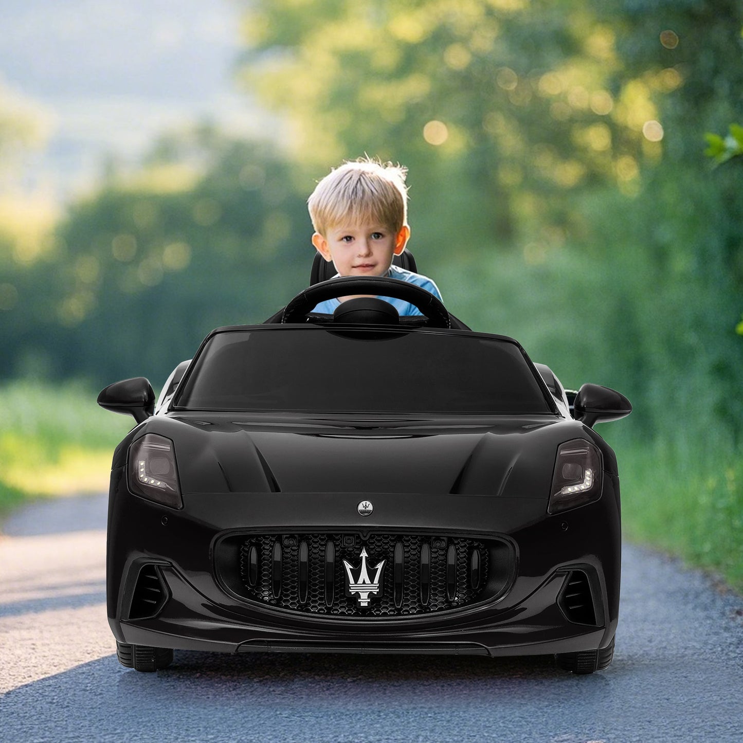 Garvee Ride - P Series: 12V Battery Powered Motorized Car for Kids with Remote Control, Spring Suspension, Double Doors, Bright Lights, 4 Wheel Electric Vehicle, Black