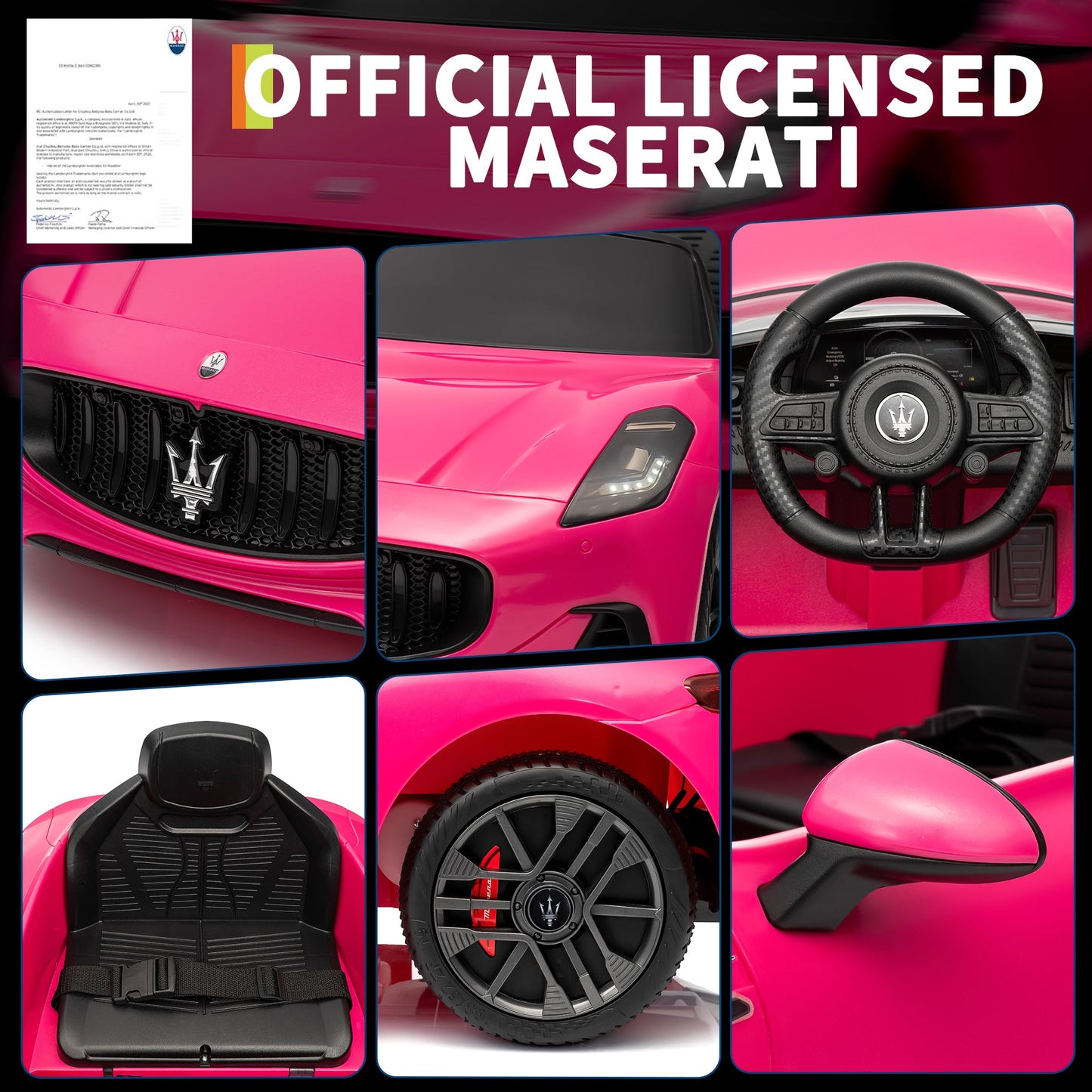 Garvee Ride - P Series: 12V Battery Powered Motorized Car for Kids with Remote Control, Spring Suspension, Double Doors, Bright Lights, 4 Wheel Electric Vehicle, Pink