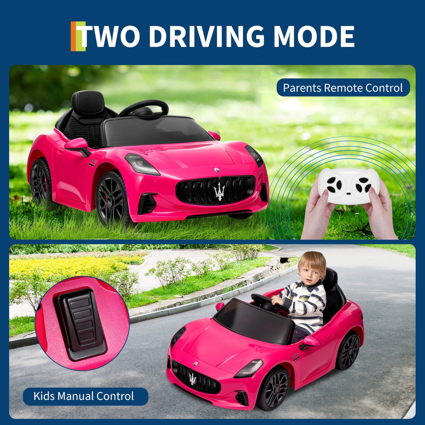 Garvee Ride - P Series: 12V Battery Powered Motorized Car for Kids with Remote Control, Spring Suspension, Double Doors, Bright Lights, 4 Wheel Electric Vehicle, Pink
