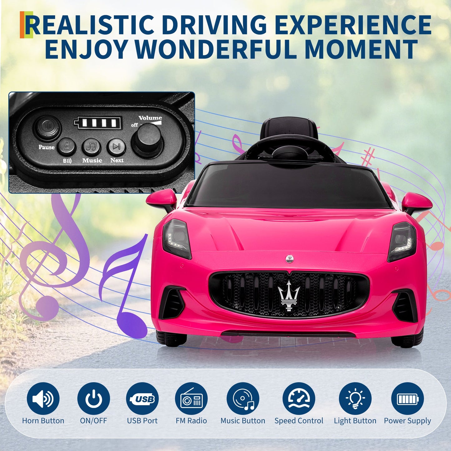 Garvee Ride - P Series: 12V Battery Powered Motorized Car for Kids with Remote Control, Spring Suspension, Double Doors, Bright Lights, 4 Wheel Electric Vehicle, Pink