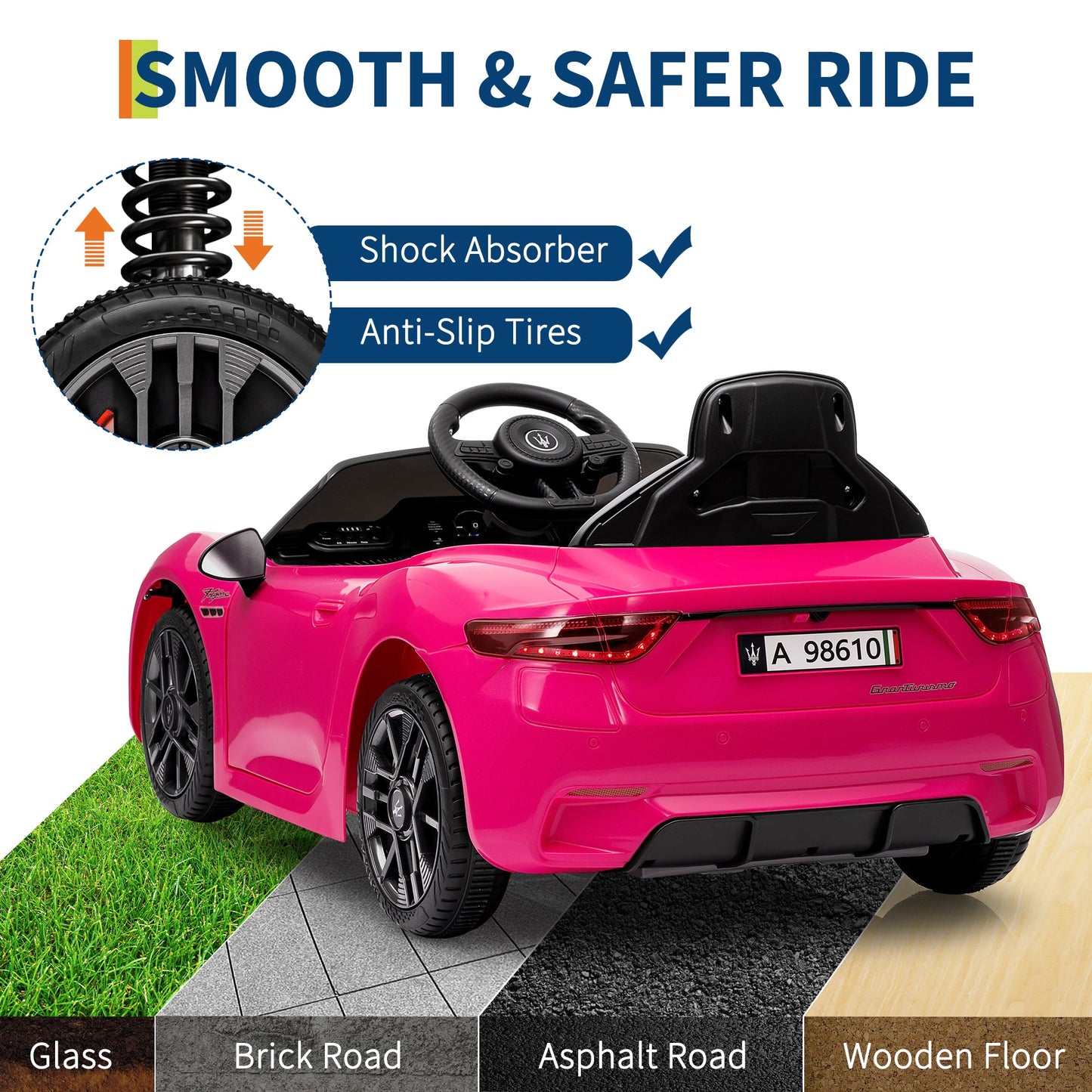 Garvee Ride - P Series: 12V Battery Powered Motorized Car for Kids with Remote Control, Spring Suspension, Double Doors, Bright Lights, 4 Wheel Electric Vehicle, Pink