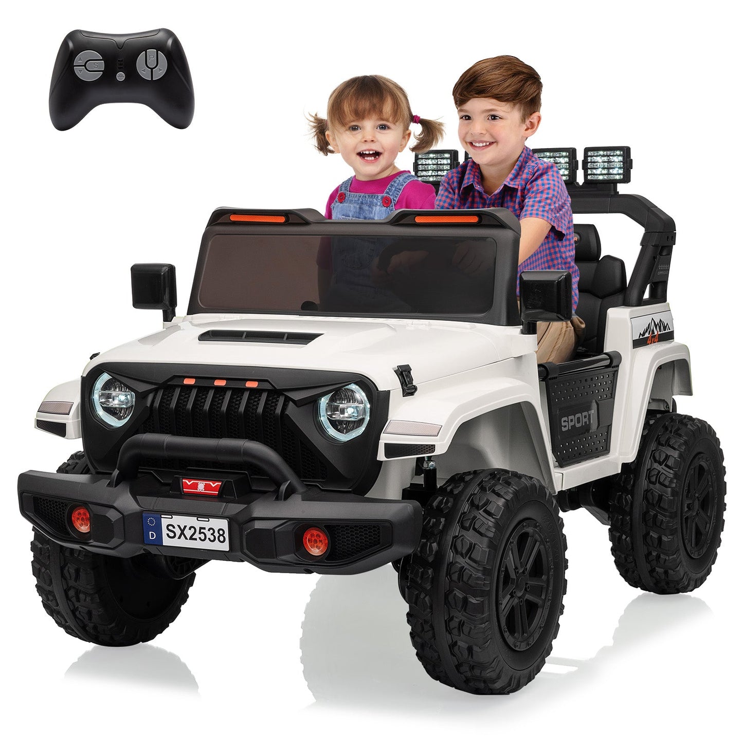 Garvee Ride - P Series: 24V Ride On Car, 4WD 2 Seater Kids' Electric Vehicle Truck with Remote Control, Adjustable Footwell Ride On Truck, 3 Speeds, Led Lights, Bluetooth, White
