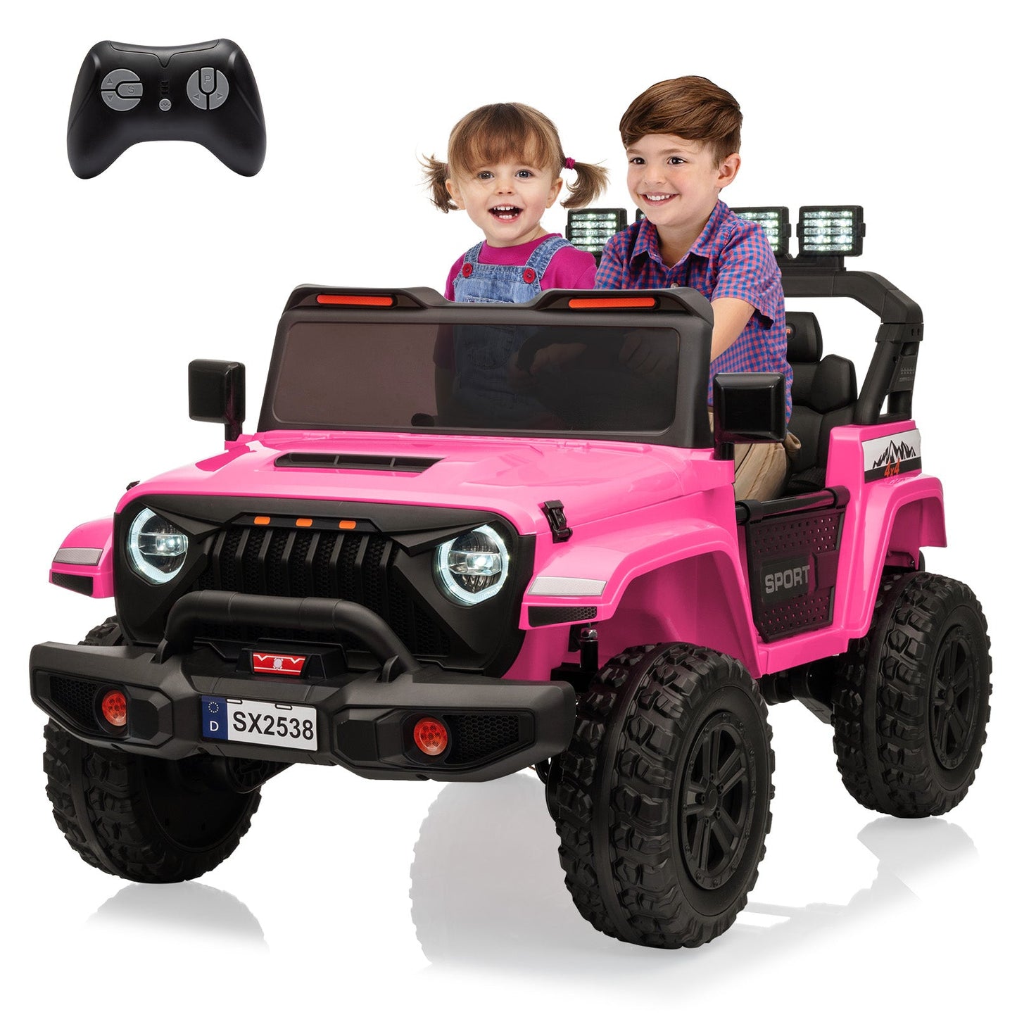 Garvee Ride - P Series: 24V Ride On Car, 4WD 2 Seater Kids' Electric Vehicle Truck with Remote Control, Adjustable Footwell Ride On Truck, 3 Speeds, Led Lights, Bluetooth, Pink