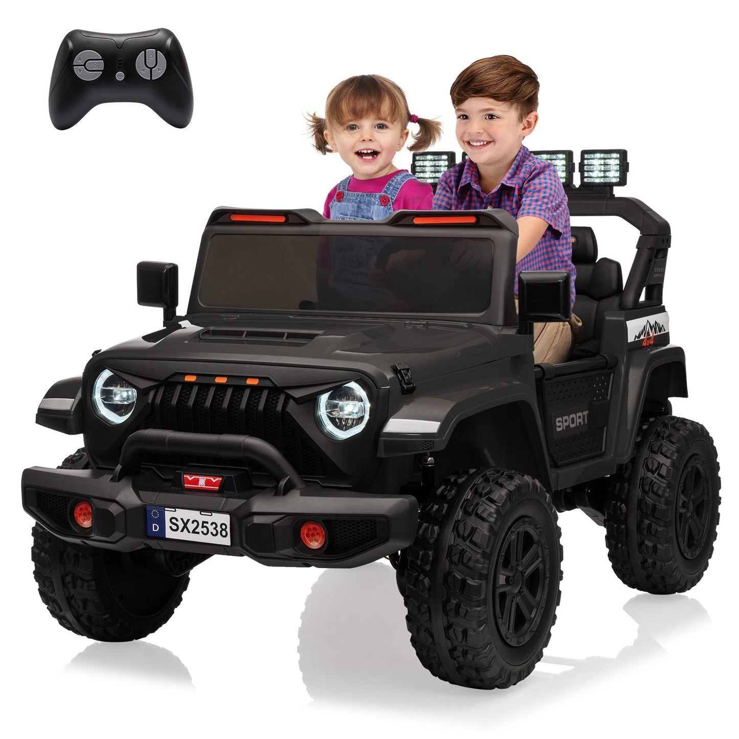 Garvee Ride - P Series: 24V Ride On Car, 4WD 2 Seater Kids' Electric Vehicle Truck with Remote Control, Adjustable Footwell Ride On Truck, 3 Speeds, Led Lights, Bluetooth, Black