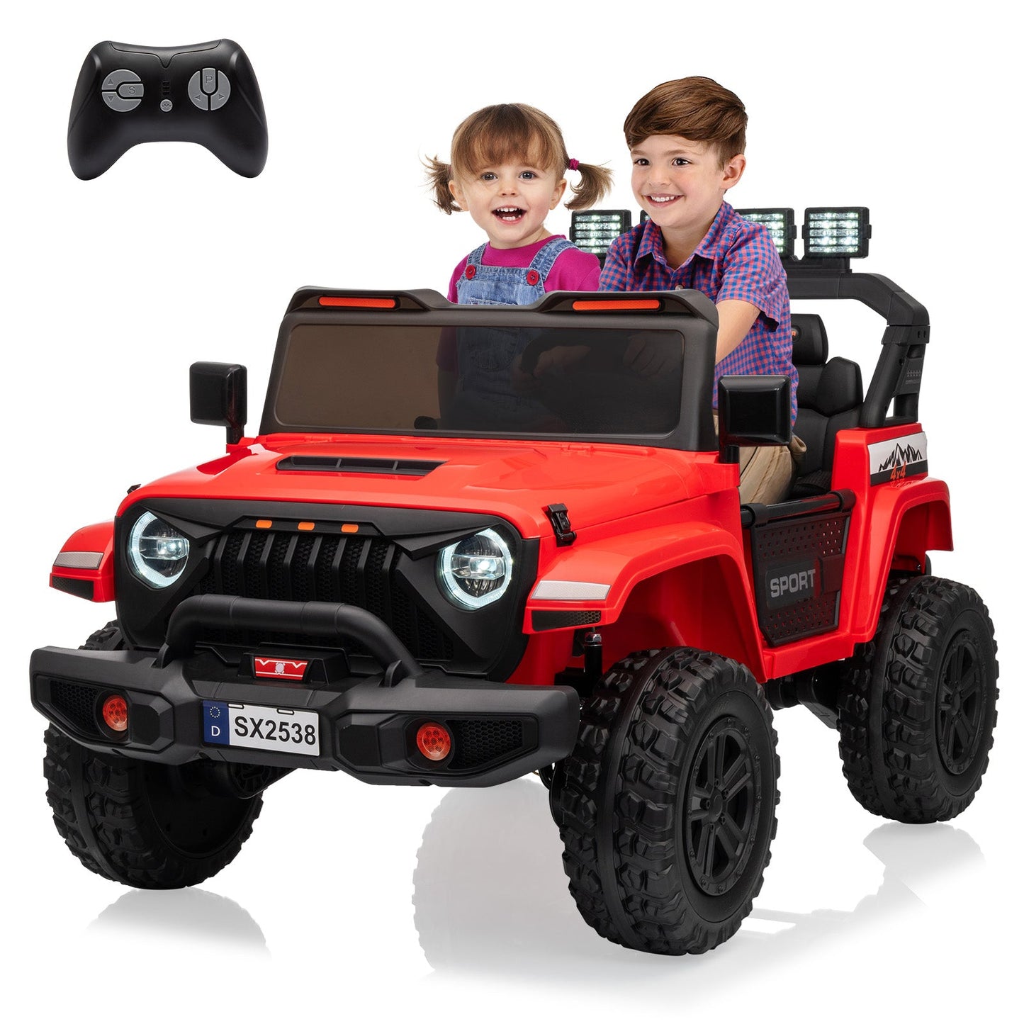 Garvee Ride - P Series: 24V Ride On Car, 4WD 2 Seater Kids' Electric Vehicle Truck with Remote Control, Adjustable Footwell Ride On Truck, 3 Speeds, Led Lights, Bluetooth, Red