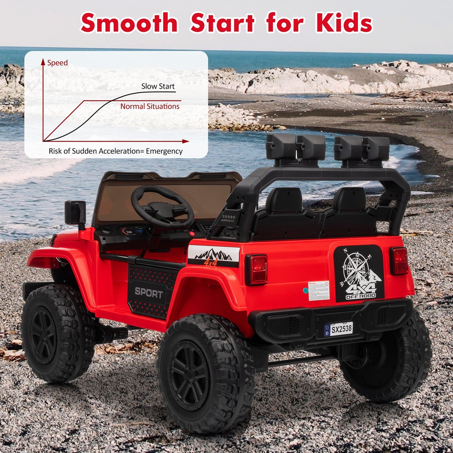 Garvee Ride - P Series: 24V Ride On Car, 4WD 2 Seater Kids' Electric Vehicle Truck with Remote Control, Adjustable Footwell Ride On Truck, 3 Speeds, Led Lights, Bluetooth, Red