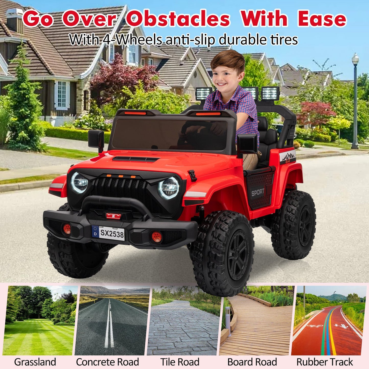 Garvee Ride - P Series: 24V Ride On Car, 4WD 2 Seater Kids' Electric Vehicle Truck with Remote Control, Adjustable Footwell Ride On Truck, 3 Speeds, Led Lights, Bluetooth, Red