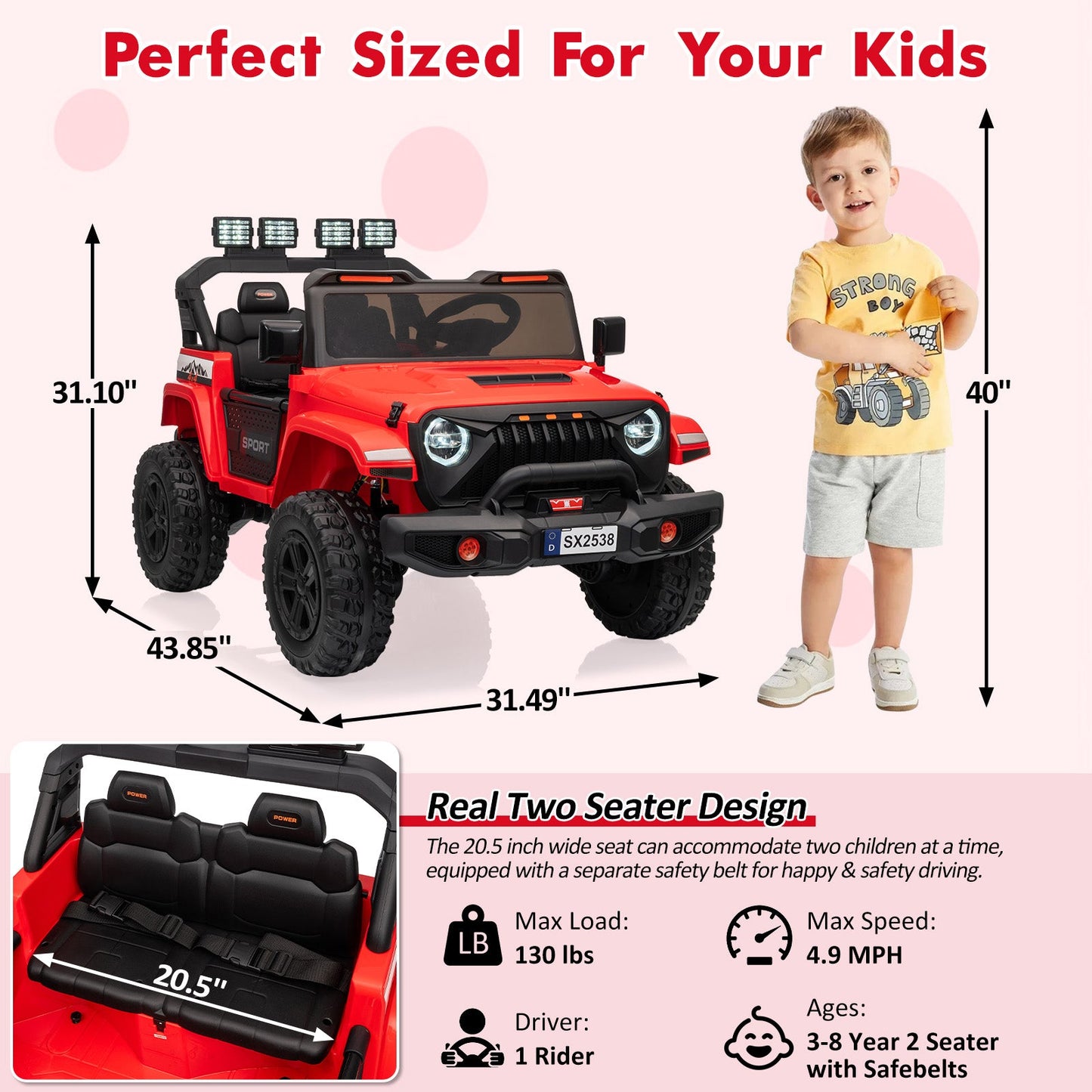 Garvee Ride - P Series: 24V Ride On Car, 4WD 2 Seater Kids' Electric Vehicle Truck with Remote Control, Adjustable Footwell Ride On Truck, 3 Speeds, Led Lights, Bluetooth, Red