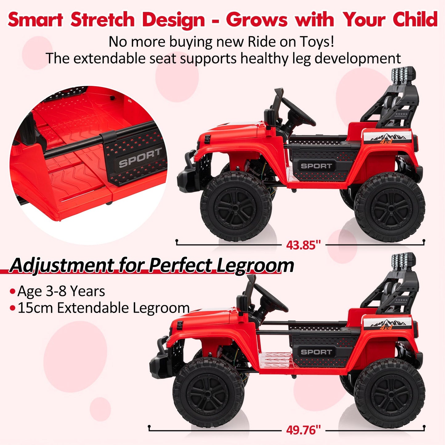 Garvee Ride - P Series: 24V Ride On Car, 4WD 2 Seater Kids' Electric Vehicle Truck with Remote Control, Adjustable Footwell Ride On Truck, 3 Speeds, Led Lights, Bluetooth, Red