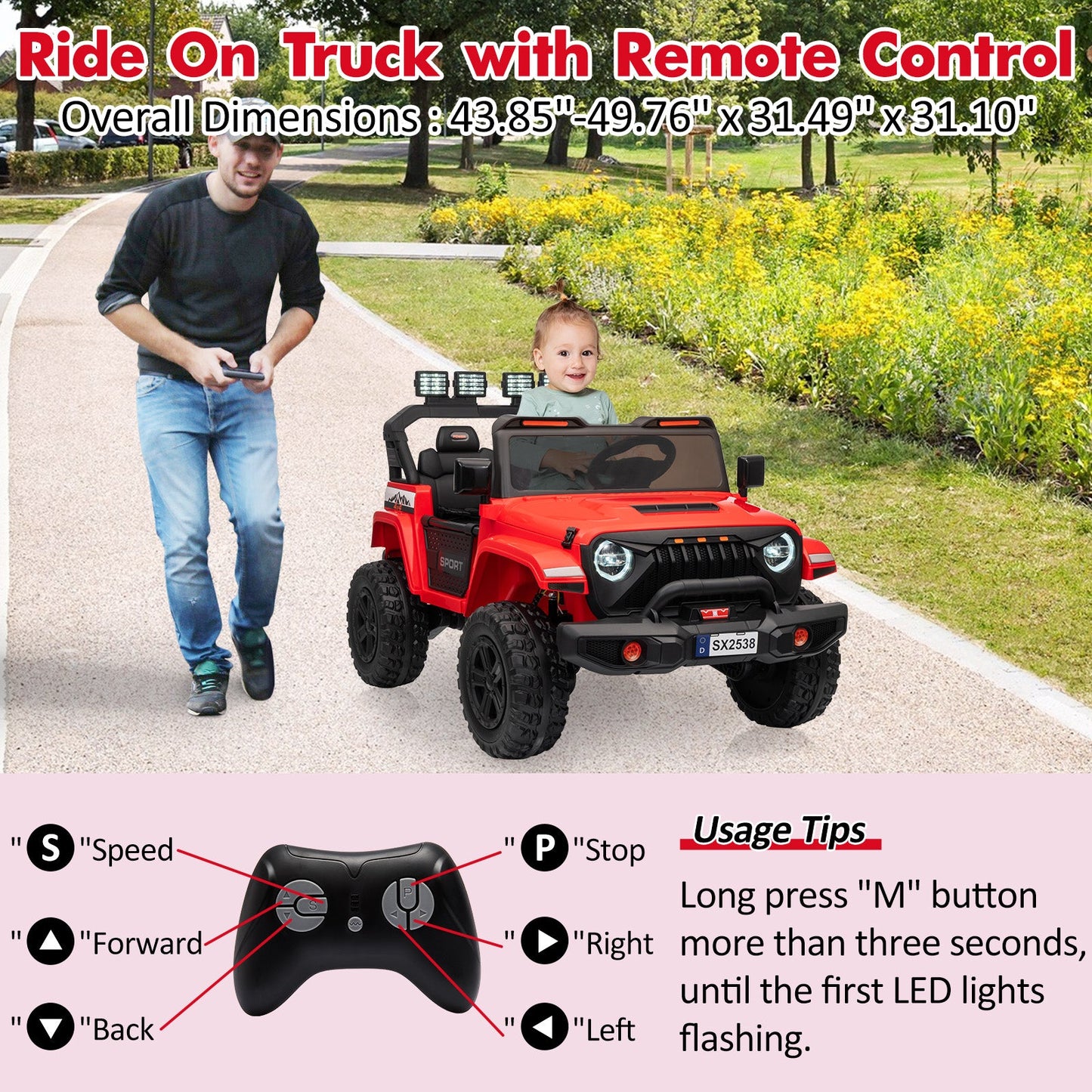Garvee Ride - P Series: 24V Ride On Car, 4WD 2 Seater Kids' Electric Vehicle Truck with Remote Control, Adjustable Footwell Ride On Truck, 3 Speeds, Led Lights, Bluetooth, Red