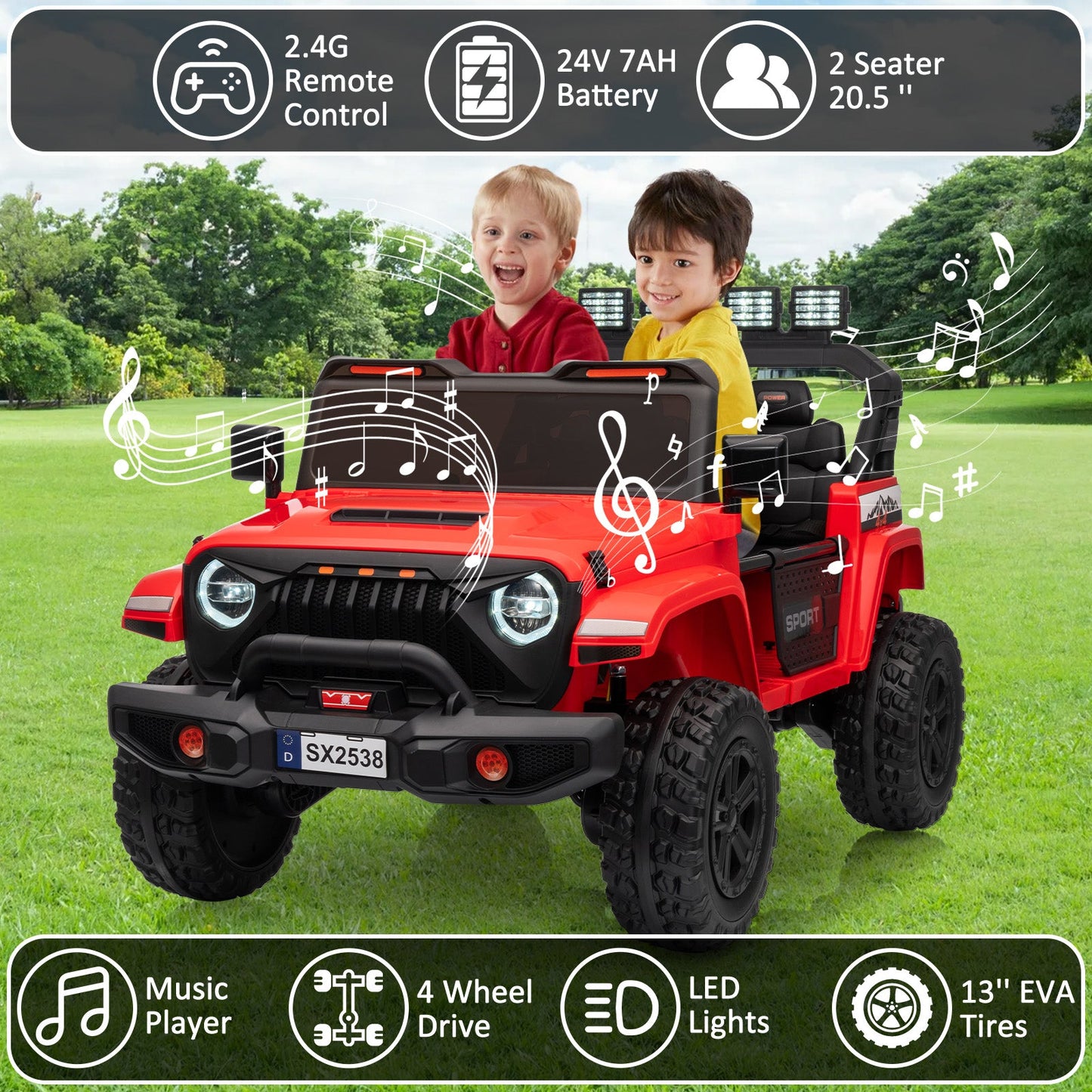 Garvee Ride - P Series: 24V Ride On Car, 4WD 2 Seater Kids' Electric Vehicle Truck with Remote Control, Adjustable Footwell Ride On Truck, 3 Speeds, Led Lights, Bluetooth, Red