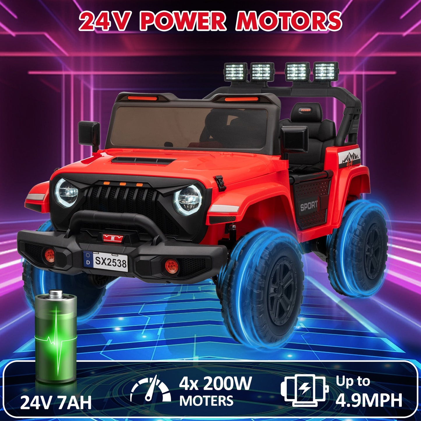Garvee Ride - P Series: 24V Ride On Car, 4WD 2 Seater Kids' Electric Vehicle Truck with Remote Control, Adjustable Footwell Ride On Truck, 3 Speeds, Led Lights, Bluetooth, Red