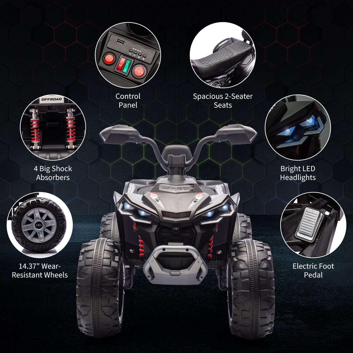 Garvee Ride - P Series: 24V 2-Seater Ride On ATV for Kids - 4-Wheel Battery Powered, High/Low Speed Modes, LED Lights, Music & Horn, Durable Wear-Resistant Wheels, Safe Non-Toxic Material, Outdoor Adventure - Black