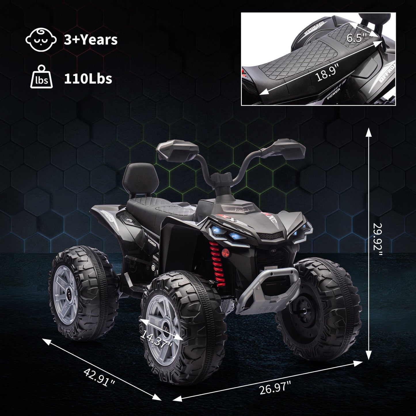 Garvee Ride - P Series: 24V 2-Seater Ride On ATV for Kids - 4-Wheel Battery Powered, High/Low Speed Modes, LED Lights, Music & Horn, Durable Wear-Resistant Wheels, Safe Non-Toxic Material, Outdoor Adventure - Black