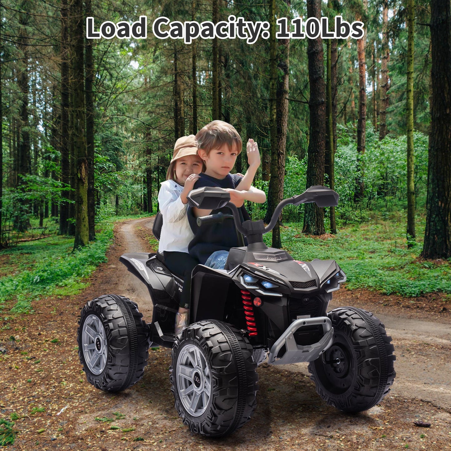 Garvee Ride - P Series: 24V 2-Seater Ride On ATV for Kids - 4-Wheel Battery Powered, High/Low Speed Modes, LED Lights, Music & Horn, Durable Wear-Resistant Wheels, Safe Non-Toxic Material, Outdoor Adventure - Black