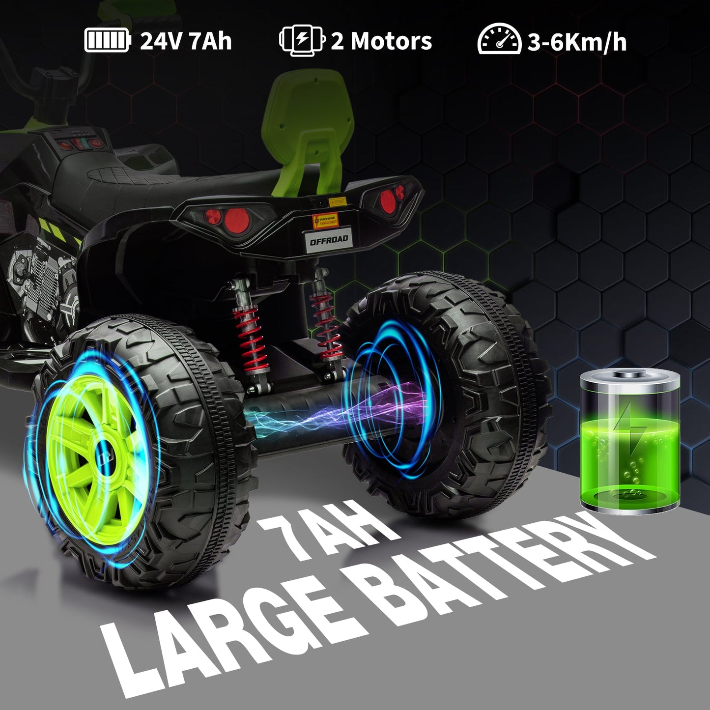 Garvee Ride - P Series: 24V 2-Seater Ride On ATV for Kids - 4-Wheel Battery Powered, High/Low Speed Modes, LED Lights, Music & Horn, Durable Wear-Resistant Wheels, Safe Non-Toxic Material, Outdoor Adventure - Green