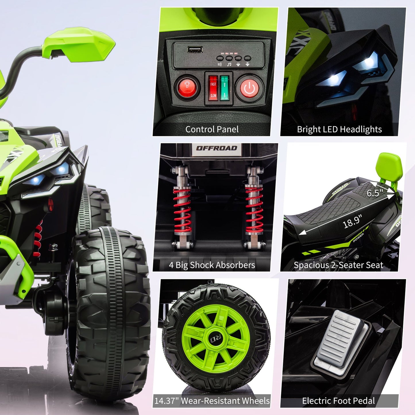 Garvee Ride - P Series: 24V 2-Seater Ride On ATV for Kids - 4-Wheel Battery Powered, High/Low Speed Modes, LED Lights, Music & Horn, Durable Wear-Resistant Wheels, Safe Non-Toxic Material, Outdoor Adventure - Green