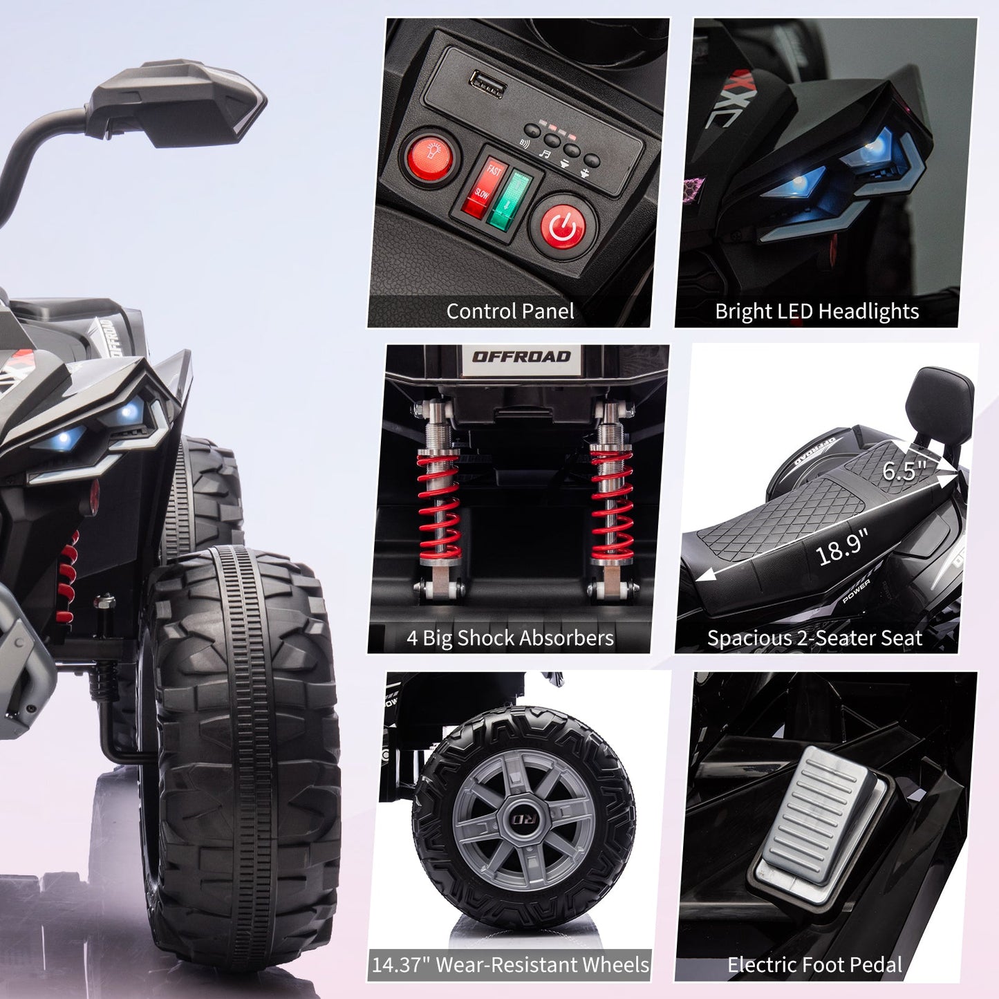 Garvee Ride - P Series: 24V 2-Seater Ride On ATV for Kids - 4-Wheel Battery Powered, High/Low Speed Modes, LED Lights, Music & Horn, Durable Wear-Resistant Wheels, Safe Non-Toxic Material, Outdoor Adventure - Black
