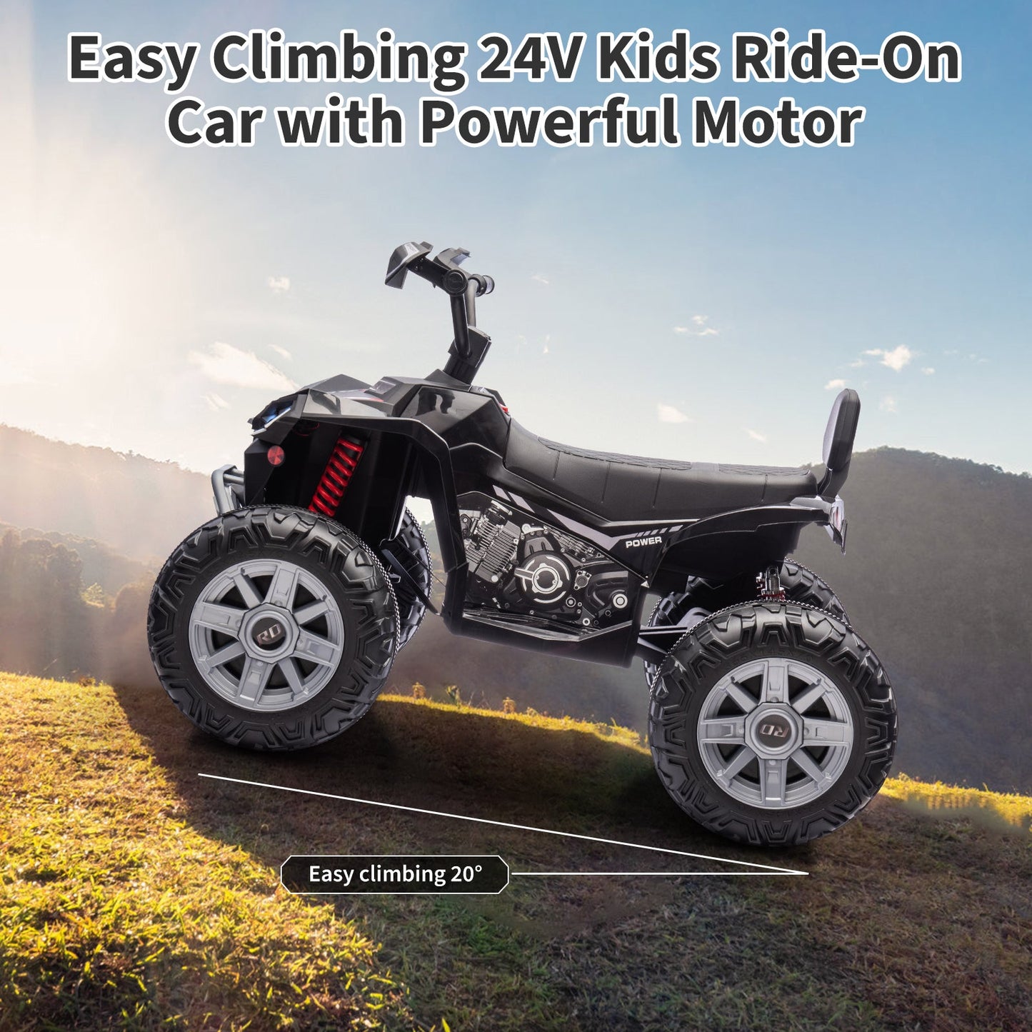 Garvee Ride - P Series: 24V 2-Seater Ride On ATV for Kids - 4-Wheel Battery Powered, High/Low Speed Modes, LED Lights, Music & Horn, Durable Wear-Resistant Wheels, Safe Non-Toxic Material, Outdoor Adventure - Black