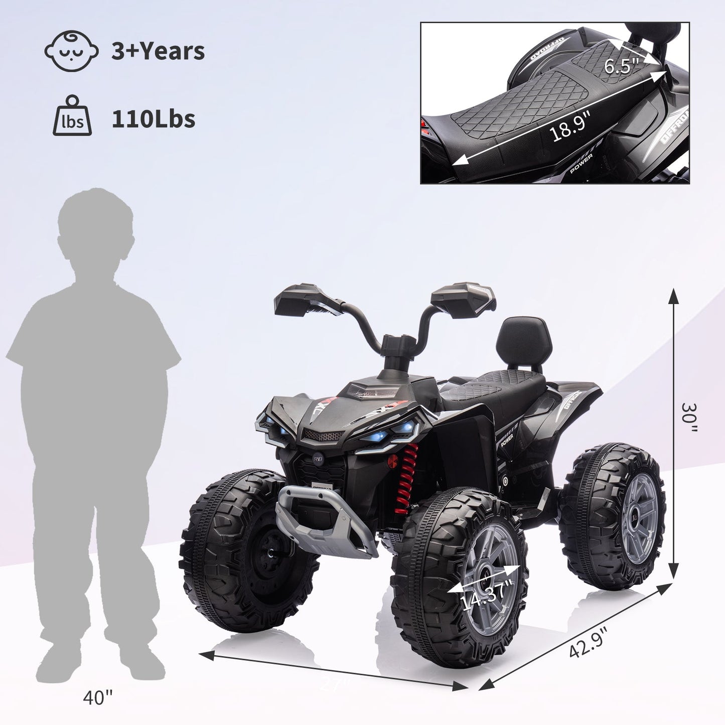 Garvee Ride - P Series: 24V 2-Seater Ride On ATV for Kids - 4-Wheel Battery Powered, High/Low Speed Modes, LED Lights, Music & Horn, Durable Wear-Resistant Wheels, Safe Non-Toxic Material, Outdoor Adventure - Black