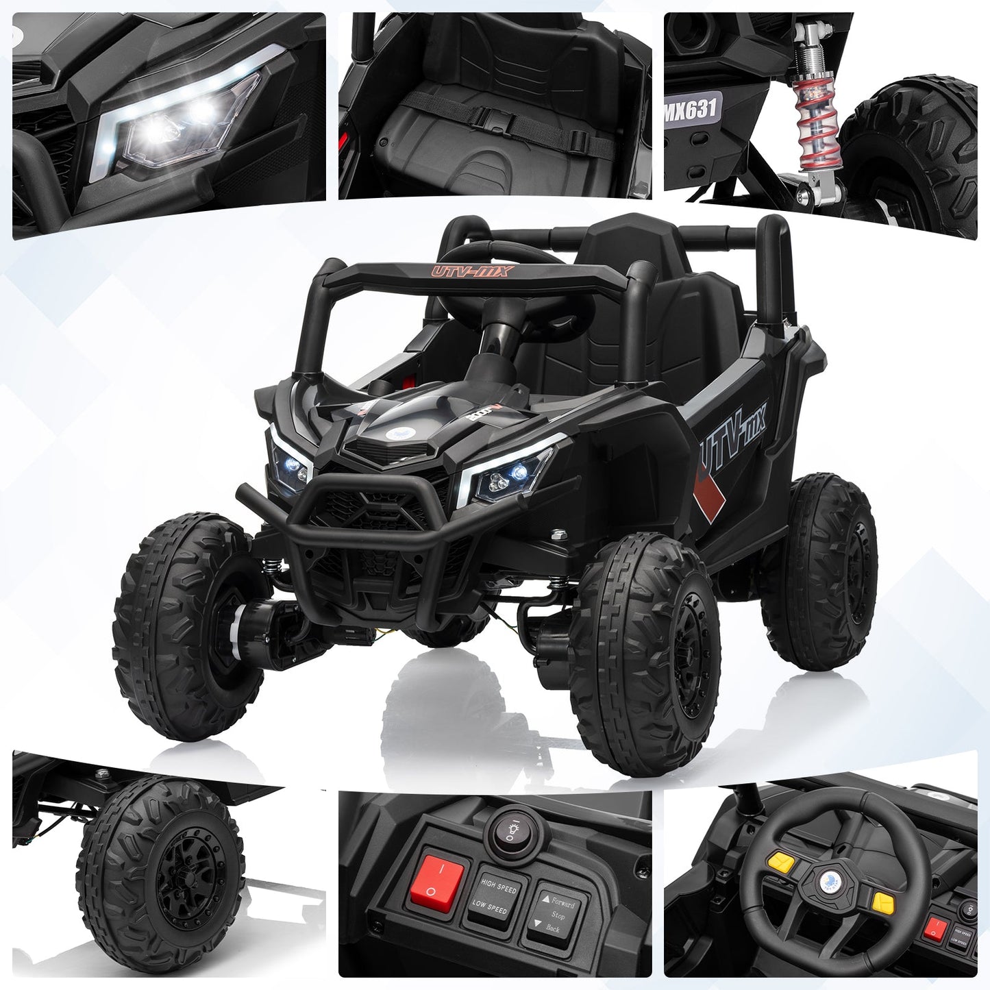 Garvee Ride - P Series: 12V UTV Buggy Electric Ride-on Car for Kids with 4WD/2WD Switch, LED Lights, EVA Tires, Parental Remote Control, Off-Road Fun