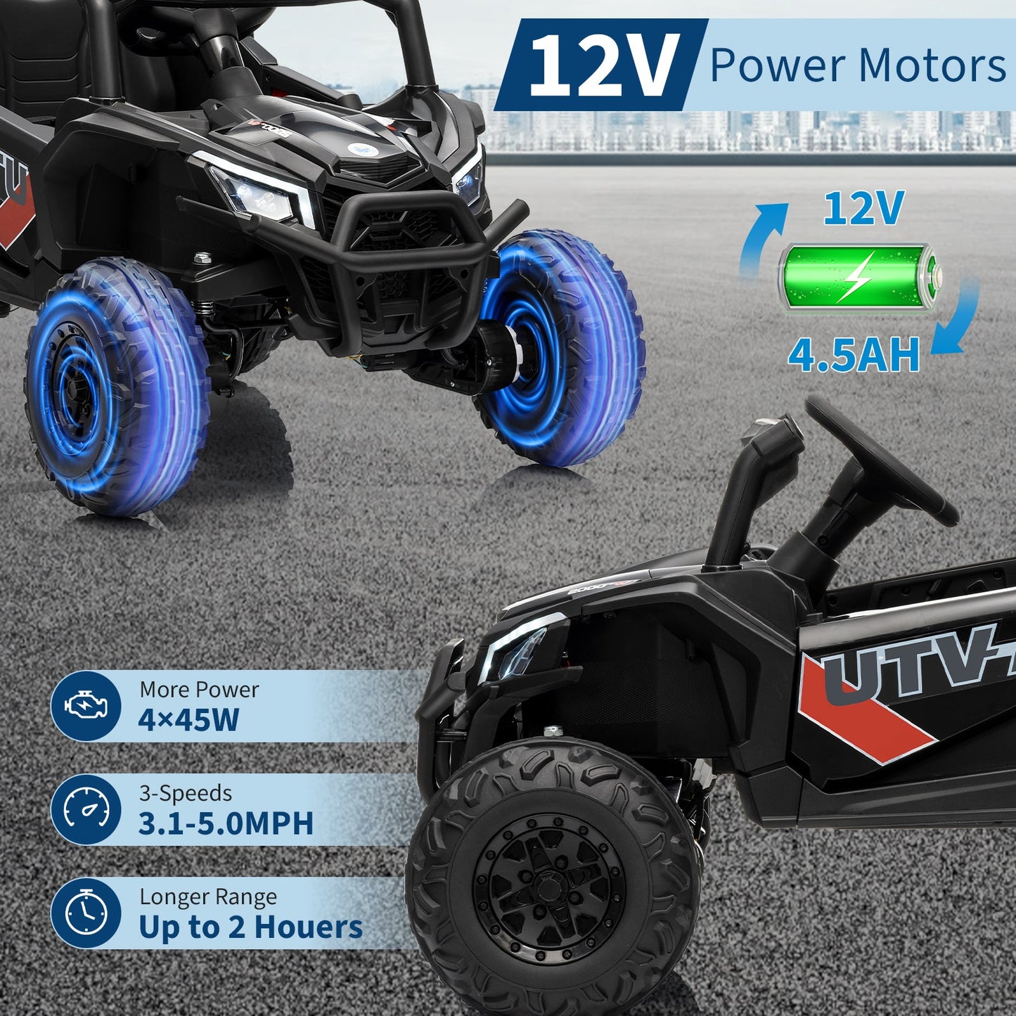 Garvee Ride - P Series: 12V UTV Buggy Electric Ride-on Car for Kids with 4WD/2WD Switch, LED Lights, EVA Tires, Parental Remote Control, Off-Road Fun