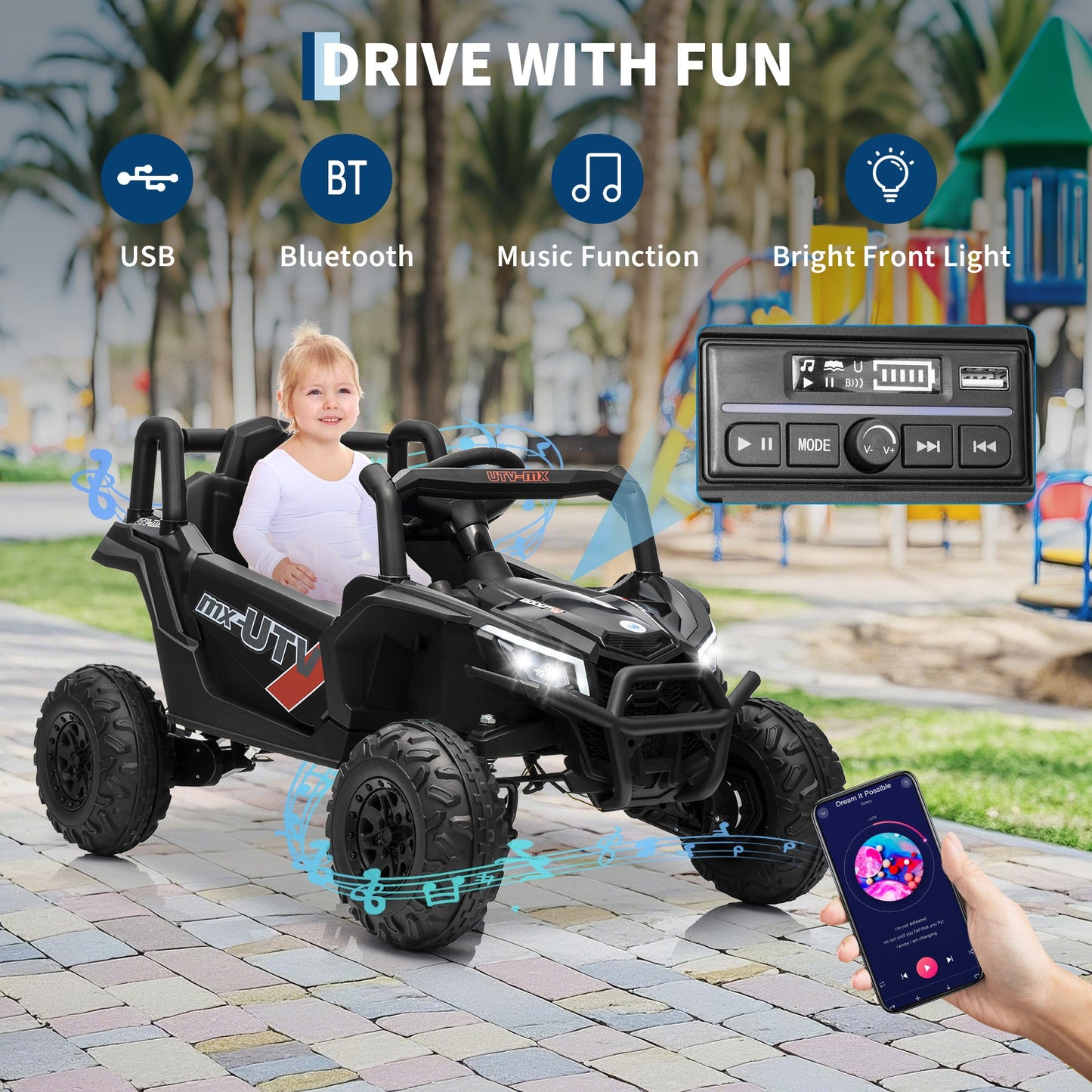 Garvee Ride - P Series: 12V UTV Buggy Electric Ride-on Car for Kids with 4WD/2WD Switch, LED Lights, EVA Tires, Parental Remote Control, Off-Road Fun