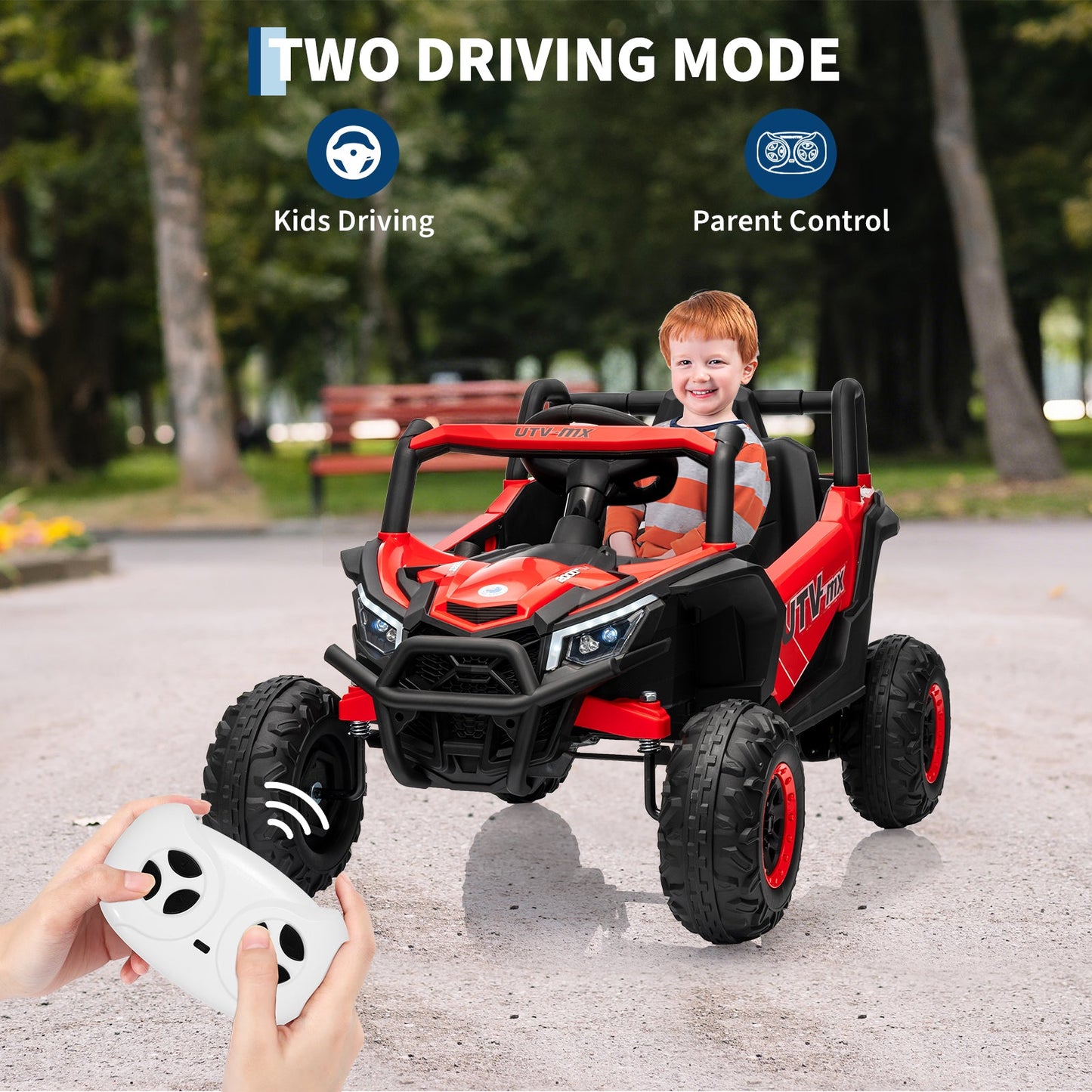 Garvee Ride - P Series: 12V UTV Buggy Electric Ride-on Car for Kids with 4WD/2WD Switch, 4 Shock Absorbers, EVA Tires, Lockable Doors, Parental Remote Control, Outdoor Adventure