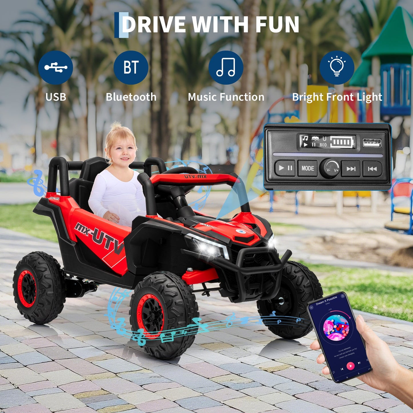 Garvee Ride - P Series: 12V UTV Buggy Electric Ride-on Car for Kids with 4WD/2WD Switch, 4 Shock Absorbers, EVA Tires, Lockable Doors, Parental Remote Control, Outdoor Adventure