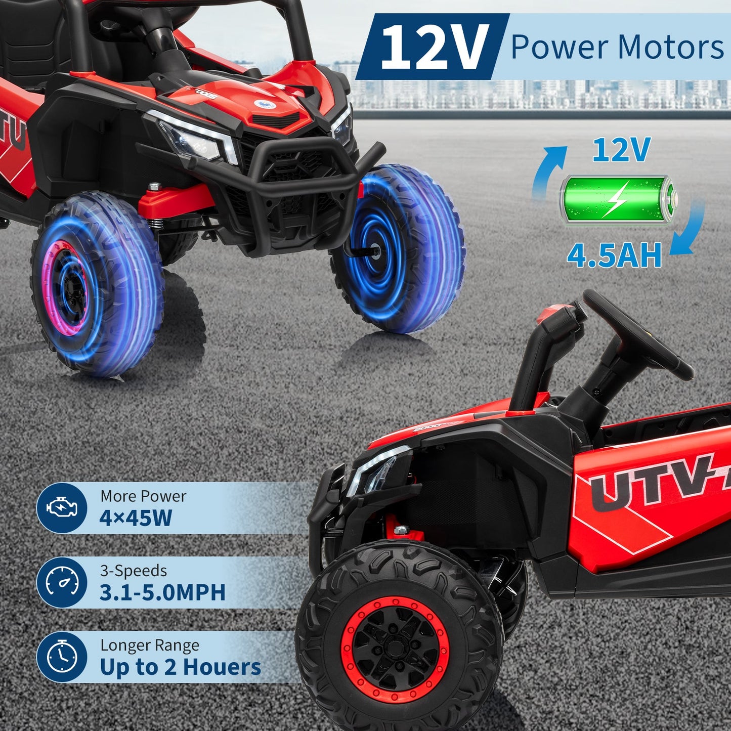 Garvee Ride - P Series: 12V UTV Buggy Electric Ride-on Car for Kids with 4WD/2WD Switch, 4 Shock Absorbers, EVA Tires, Lockable Doors, Parental Remote Control, Outdoor Adventure