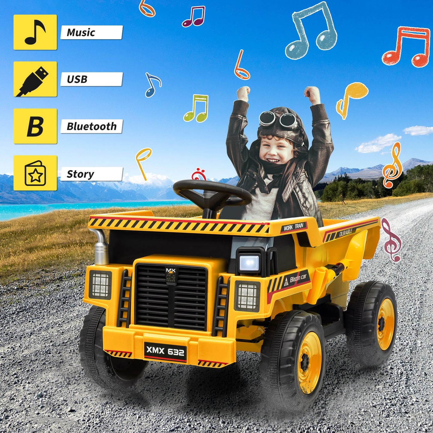 Garvee Ride - P Series: 12V Ride On Dump Truck for Kids with Remote Control & Electric Dump Bed, Durable PP Plastic, Spacious 16.5" Seat, Music, Headlights, Soft Start, Yellow, Outdoor Play