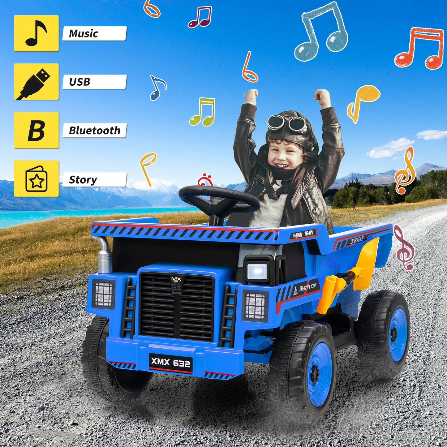 Garvee Ride - P Series: 12V Kids Ride On Dump Truck Electric Car Toy with Remote Control, Auto Dump Bed & Shovel, Dual 30W Motors, Durable Plastic, LED Lights, Music, Blue, Outdoor Play