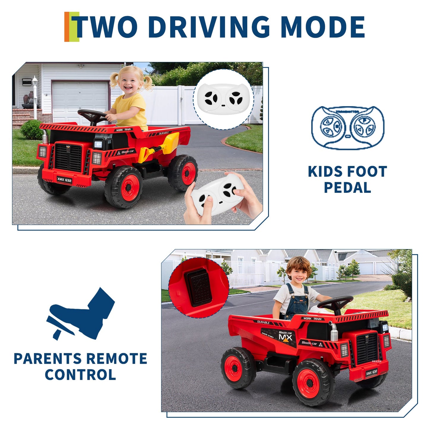 Garvee Ride - P Series: 12V Kids Ride On Dump Truck Electric Car Toy with Remote Control, Auto Dump Bed & Shovel, Durable Plastic, LED Lights & Music, Rose Red, Outdoor Play for Toddlers - Red