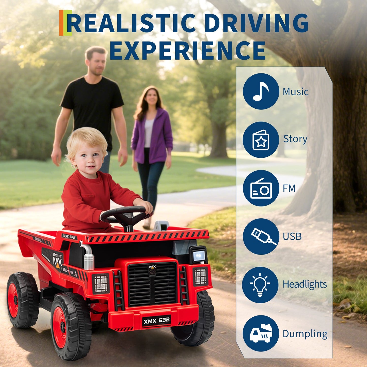 Garvee Ride - P Series: 12V Kids Ride On Dump Truck Electric Car Toy with Remote Control, Auto Dump Bed & Shovel, Durable Plastic, LED Lights & Music, Rose Red, Outdoor Play for Toddlers - Red