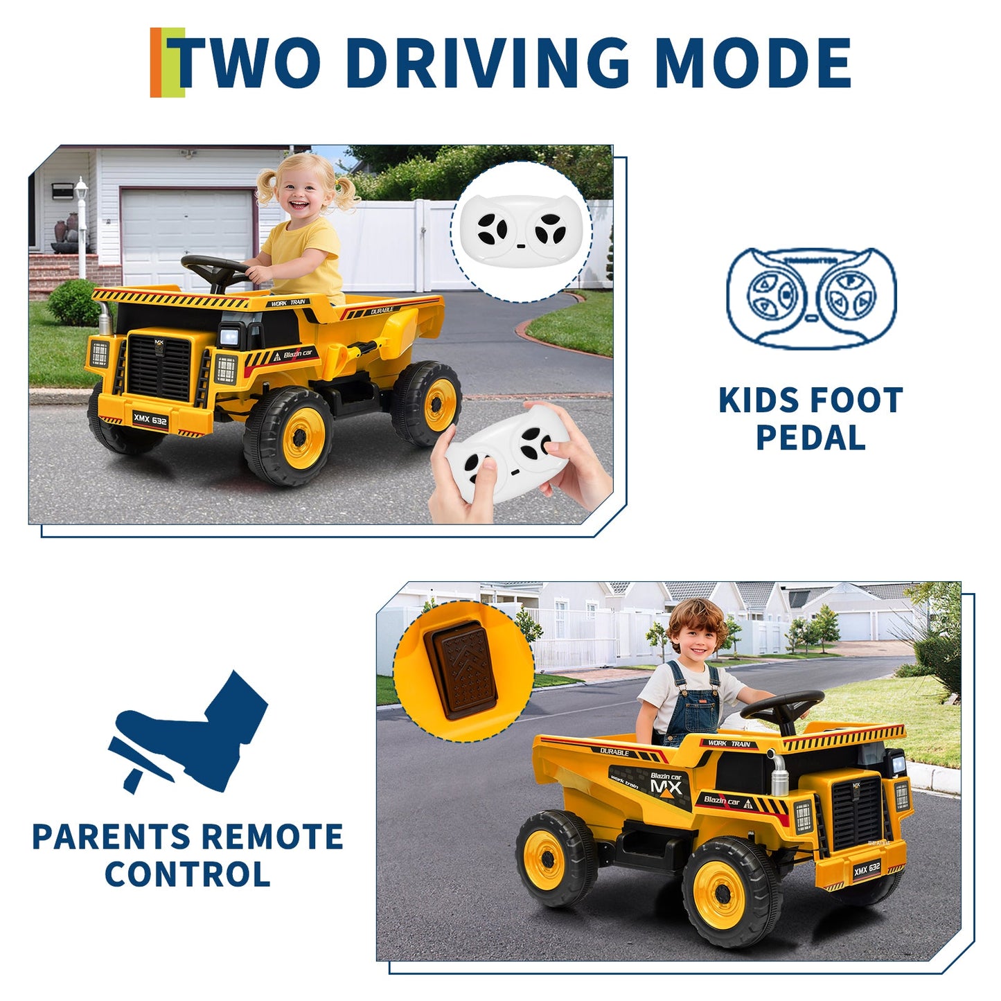 Garvee Ride - P Series: 12V Ride On Dump Truck for Kids with Remote Control & Electric Dump Bed, Durable PP Plastic, Spacious 16.5" Seat, Music, Headlights, Soft Start, Yellow, Outdoor Play