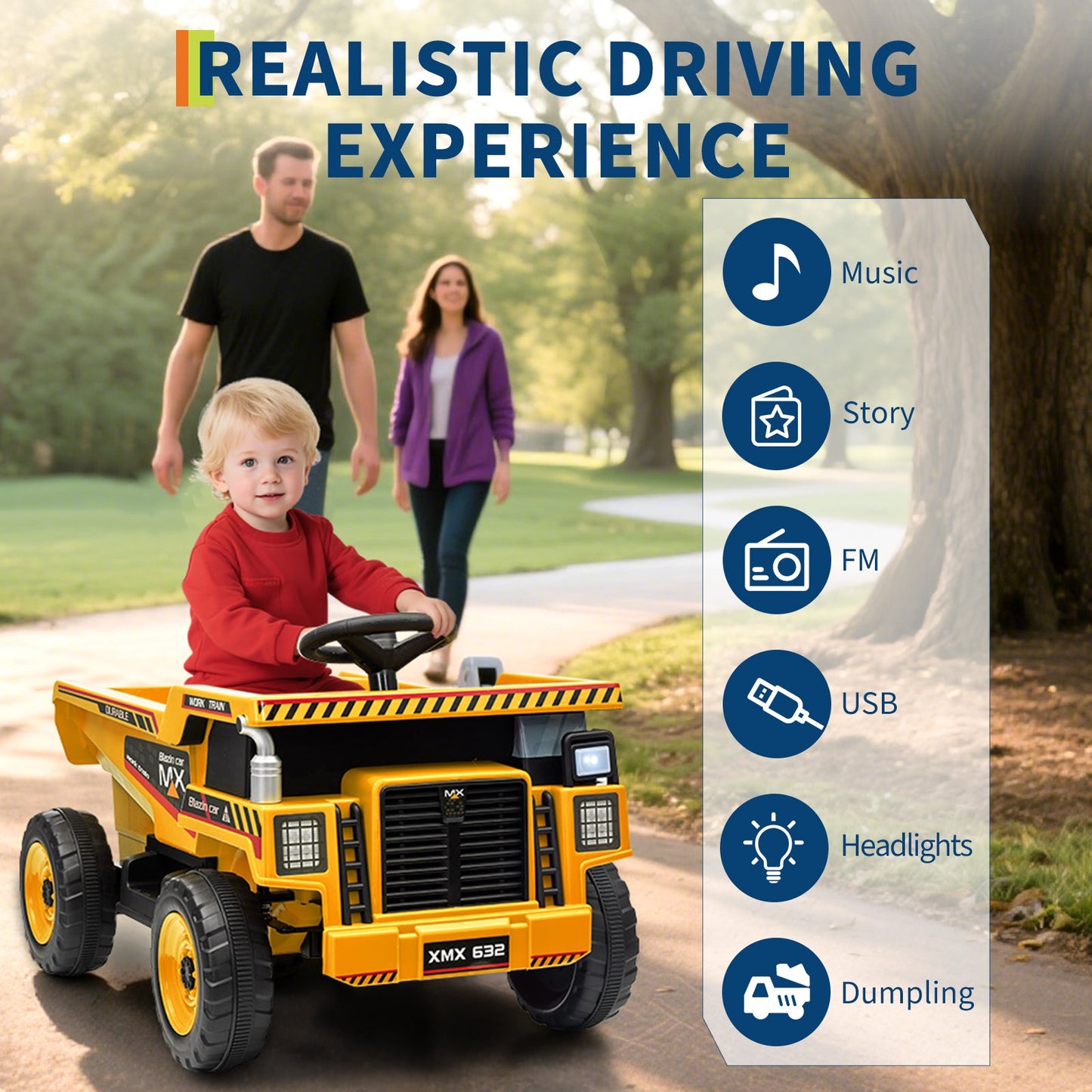 Garvee Ride - P Series: 12V Ride On Dump Truck for Kids with Remote Control & Electric Dump Bed, Durable PP Plastic, Spacious 16.5" Seat, Music, Headlights, Soft Start, Yellow, Outdoor Play