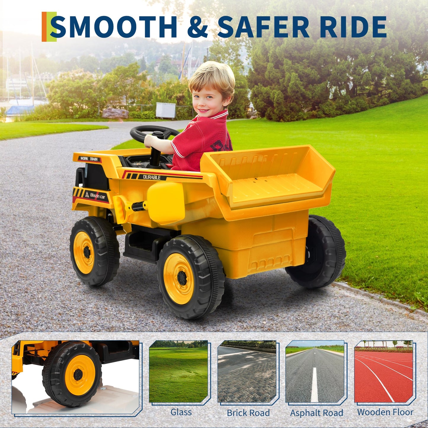 Garvee Ride - P Series: 12V Ride On Dump Truck for Kids with Remote Control & Electric Dump Bed, Durable PP Plastic, Spacious 16.5" Seat, Music, Headlights, Soft Start, Yellow, Outdoor Play