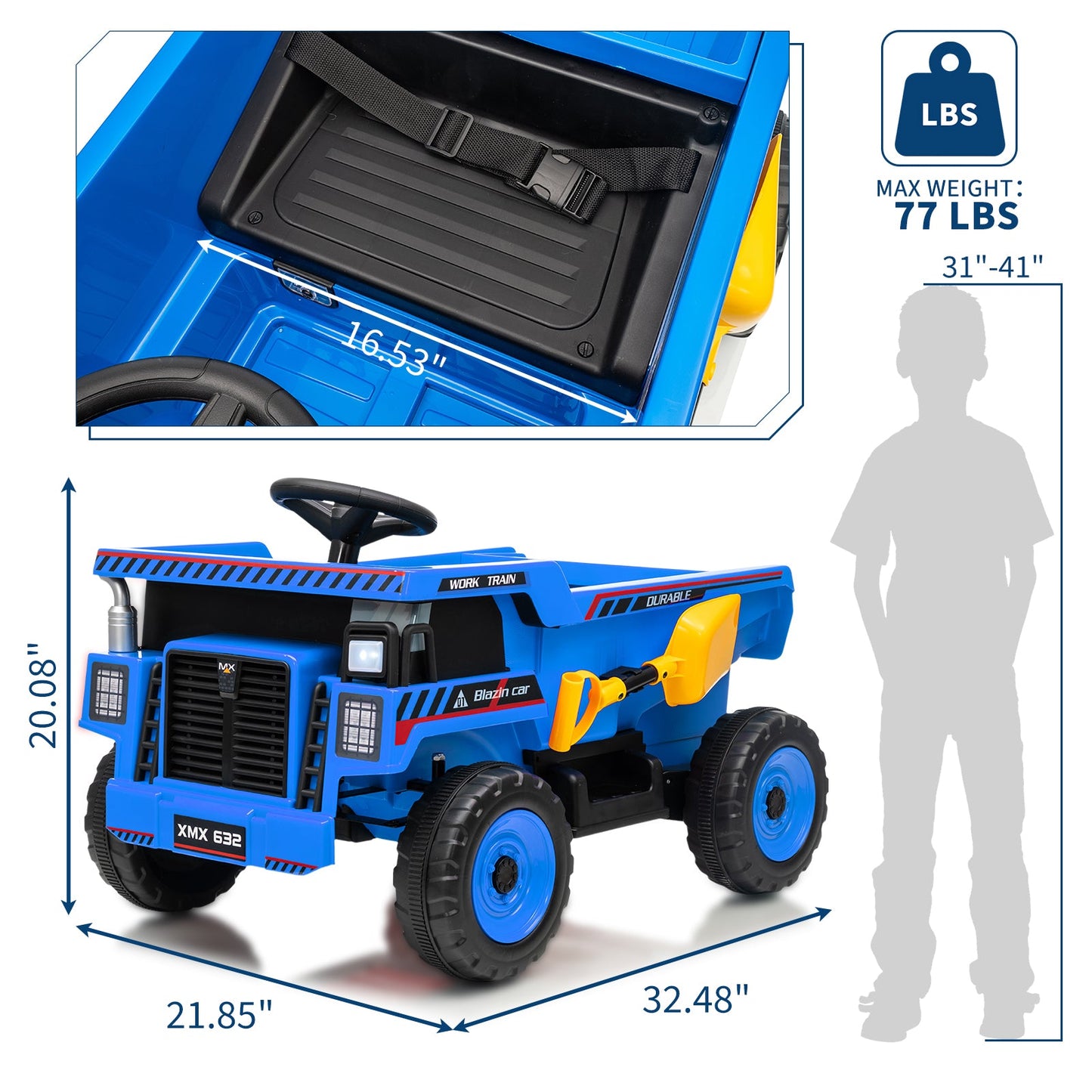 Garvee Ride - P Series: 12V Kids Ride On Dump Truck Electric Car Toy with Remote Control, Auto Dump Bed & Shovel, Dual 30W Motors, Durable Plastic, LED Lights, Music, Blue, Outdoor Play