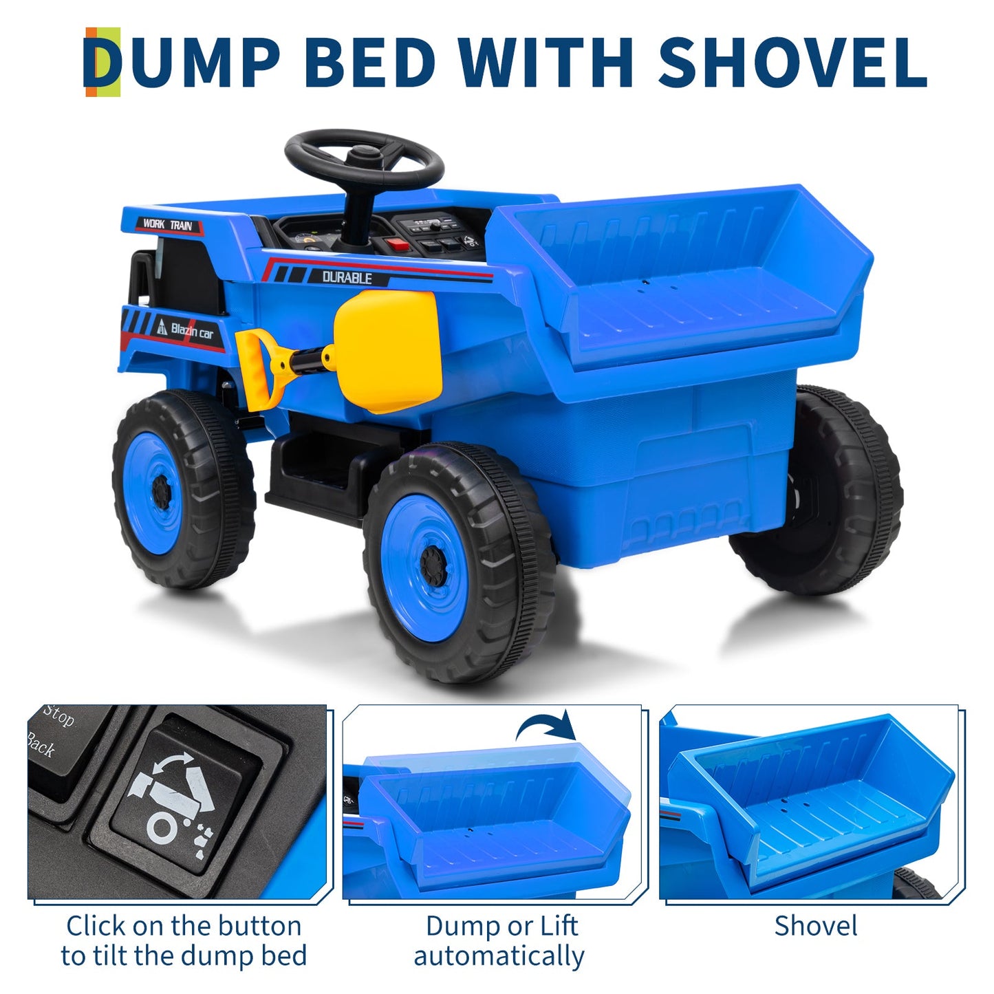 Garvee Ride - P Series: 12V Kids Ride On Dump Truck Electric Car Toy with Remote Control, Auto Dump Bed & Shovel, Dual 30W Motors, Durable Plastic, LED Lights, Music, Blue, Outdoor Play