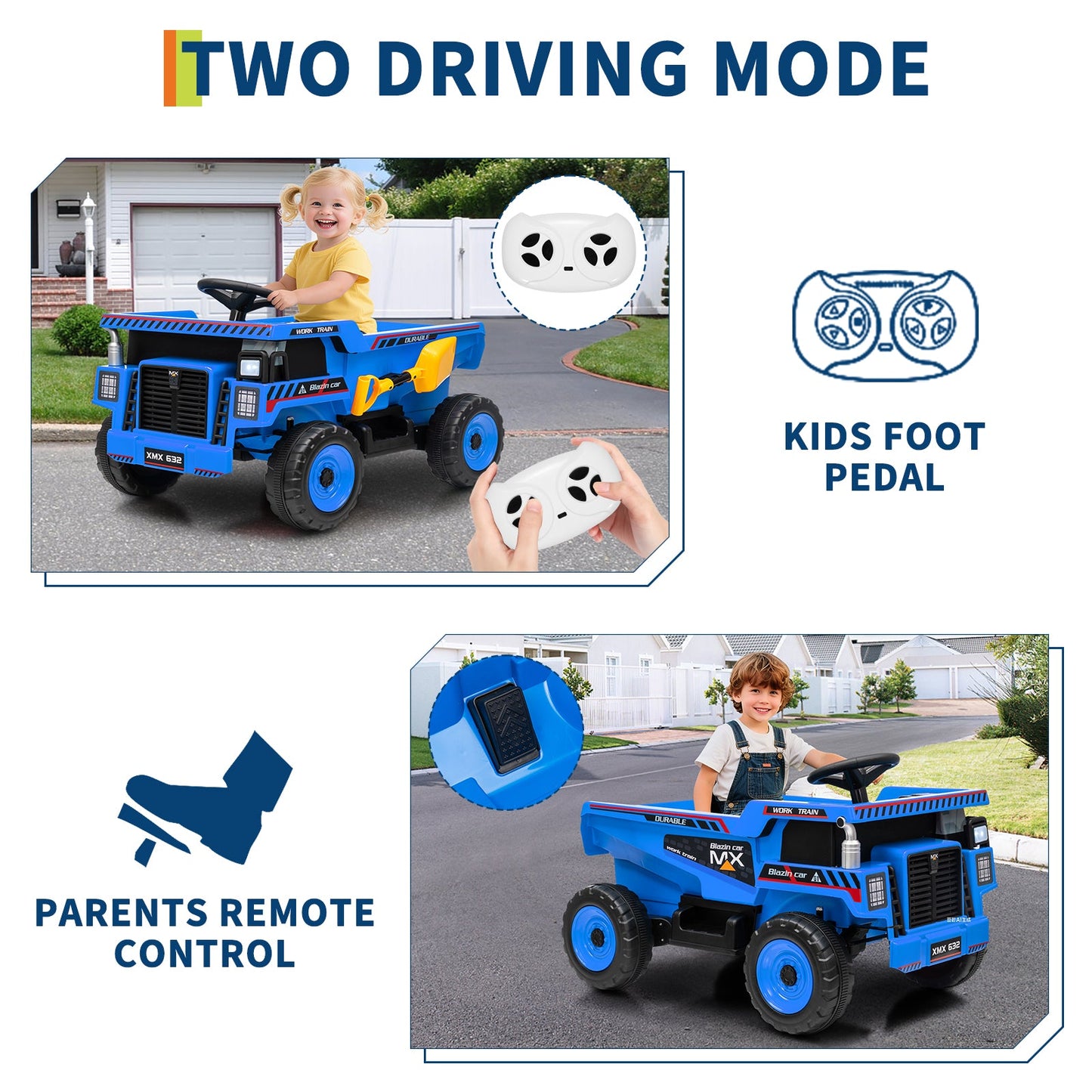 Garvee Ride - P Series: 12V Kids Ride On Dump Truck Electric Car Toy with Remote Control, Auto Dump Bed & Shovel, Dual 30W Motors, Durable Plastic, LED Lights, Music, Blue, Outdoor Play