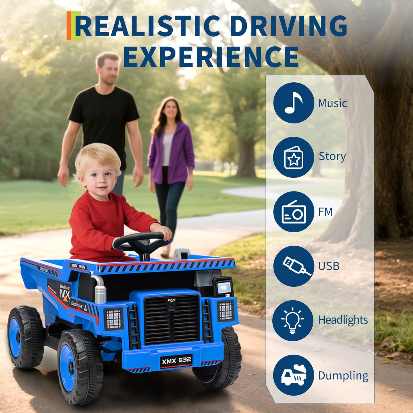 Garvee Ride - P Series: 12V Kids Ride On Dump Truck Electric Car Toy with Remote Control, Auto Dump Bed & Shovel, Dual 30W Motors, Durable Plastic, LED Lights, Music, Blue, Outdoor Play