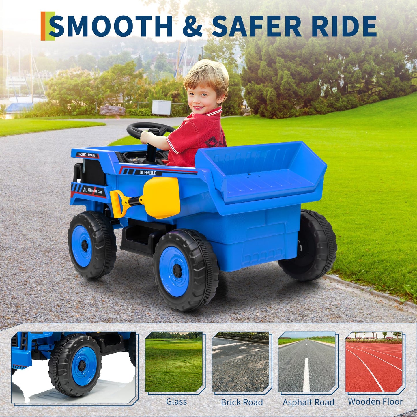 Garvee Ride - P Series: 12V Kids Ride On Dump Truck Electric Car Toy with Remote Control, Auto Dump Bed & Shovel, Dual 30W Motors, Durable Plastic, LED Lights, Music, Blue, Outdoor Play