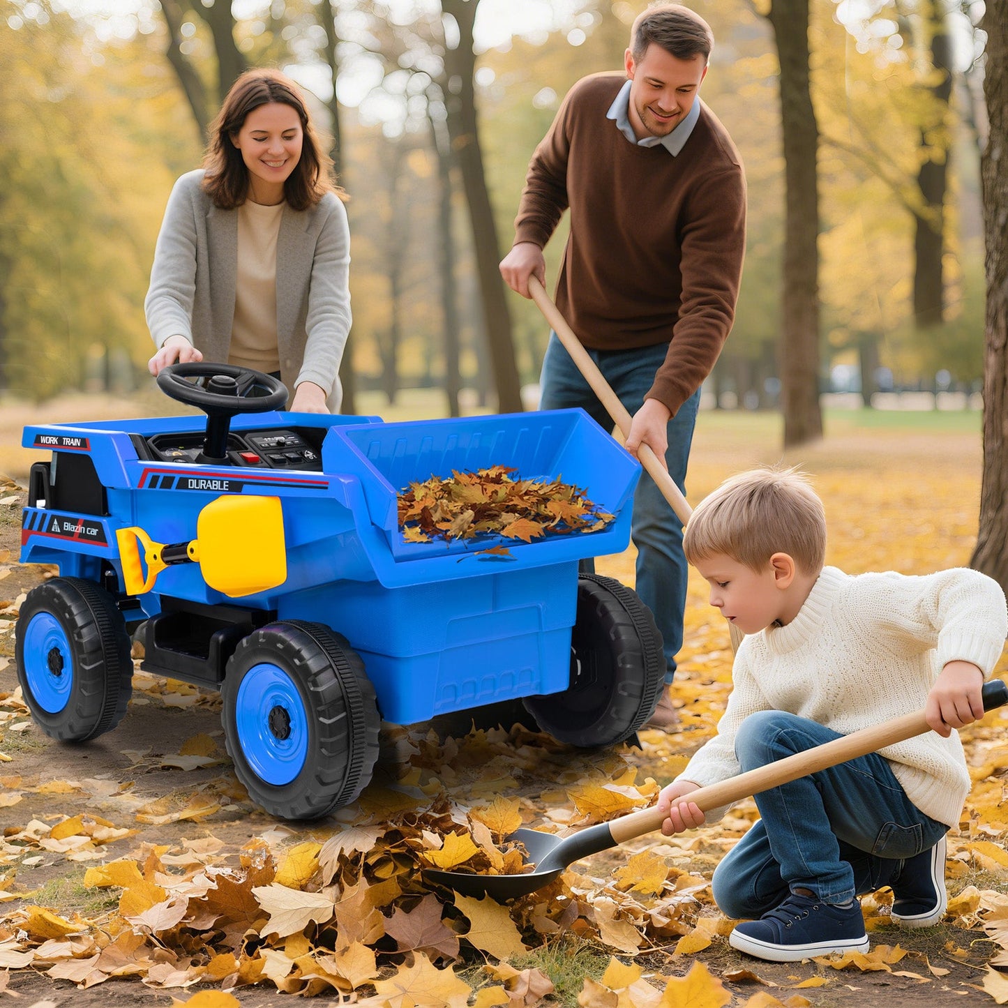 Garvee Ride - P Series: 12V Kids Ride On Dump Truck Electric Car Toy with Remote Control, Auto Dump Bed & Shovel, Dual 30W Motors, Durable Plastic, LED Lights, Music, Blue, Outdoor Play