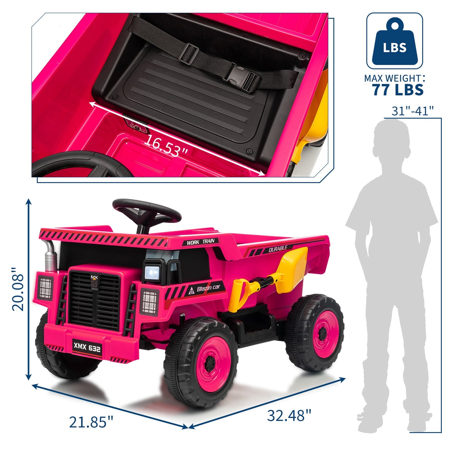 Garvee Ride - P Series: 12V Kids Ride On Dump Truck Electric Car Toy with Remote Control, Auto Dump Bed & Shovel, Durable Plastic, LED Lights & Music, Rose Red, Outdoor Play for Toddlers