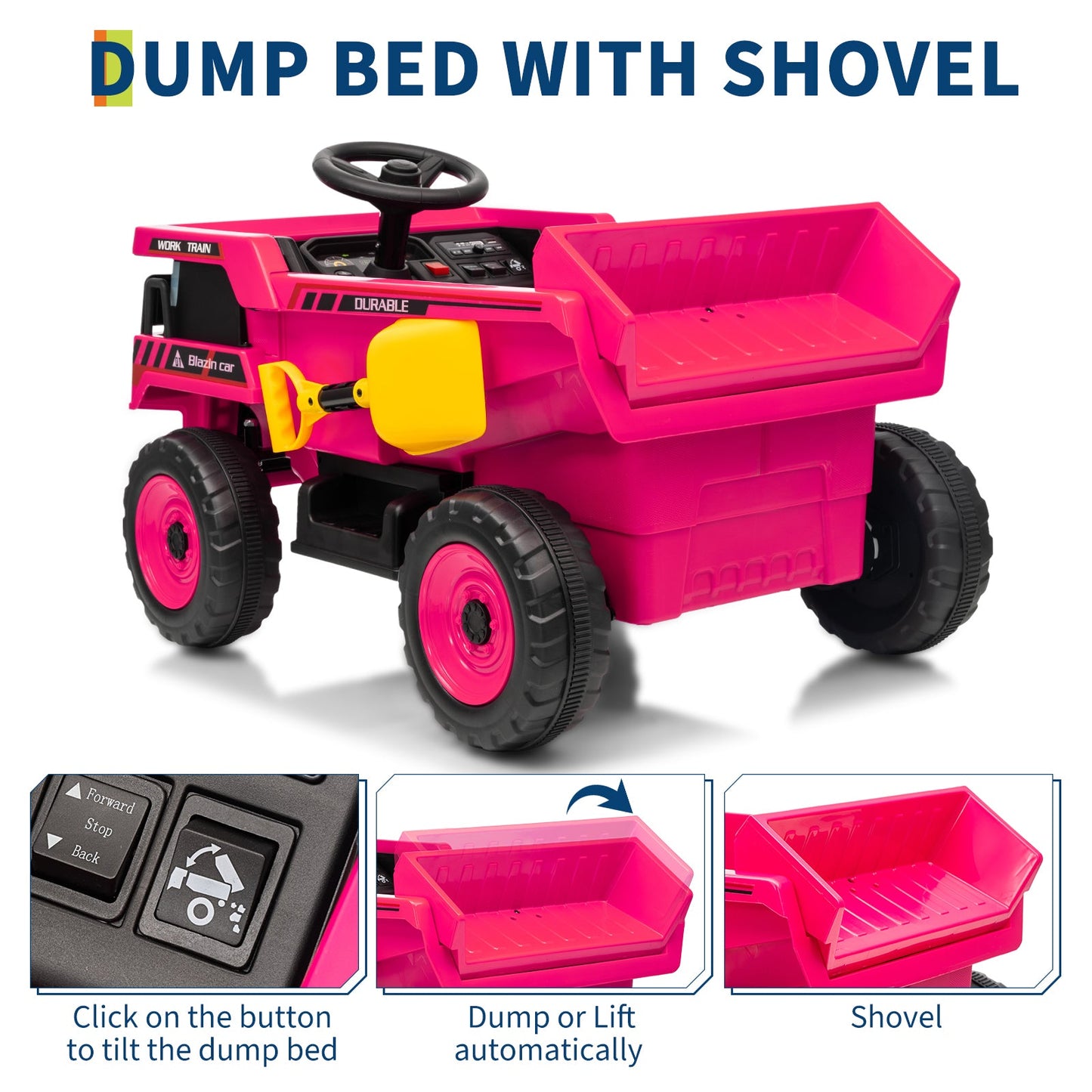 Garvee Ride - P Series: 12V Kids Ride On Dump Truck Electric Car Toy with Remote Control, Auto Dump Bed & Shovel, Durable Plastic, LED Lights & Music, Rose Red, Outdoor Play for Toddlers