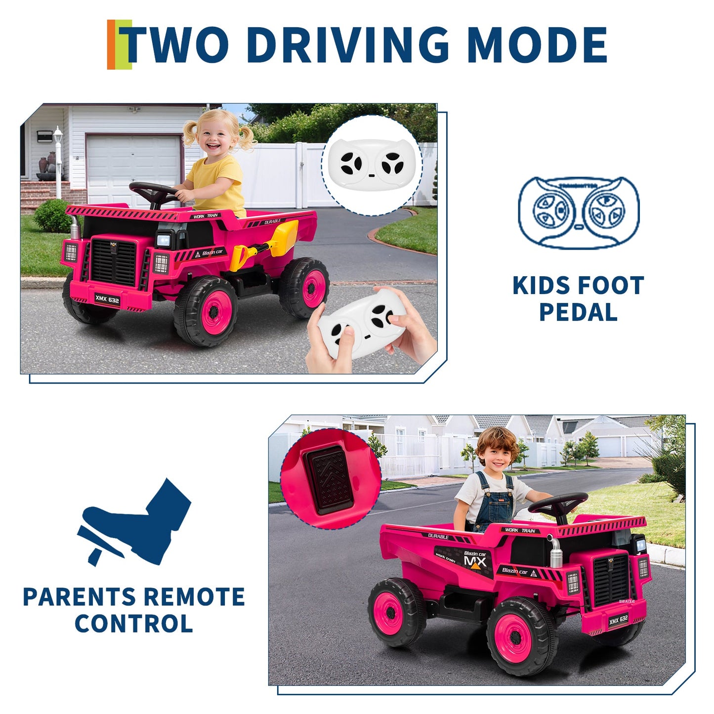 Garvee Ride - P Series: 12V Kids Ride On Dump Truck Electric Car Toy with Remote Control, Auto Dump Bed & Shovel, Durable Plastic, LED Lights & Music, Rose Red, Outdoor Play for Toddlers