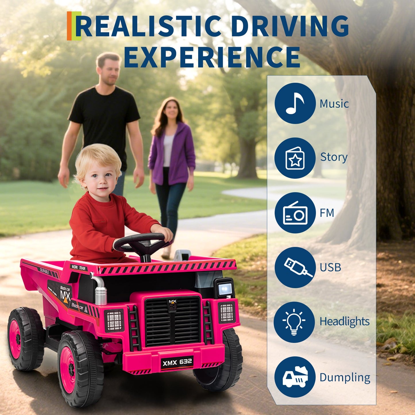 Garvee Ride - P Series: 12V Kids Ride On Dump Truck Electric Car Toy with Remote Control, Auto Dump Bed & Shovel, Durable Plastic, LED Lights & Music, Rose Red, Outdoor Play for Toddlers