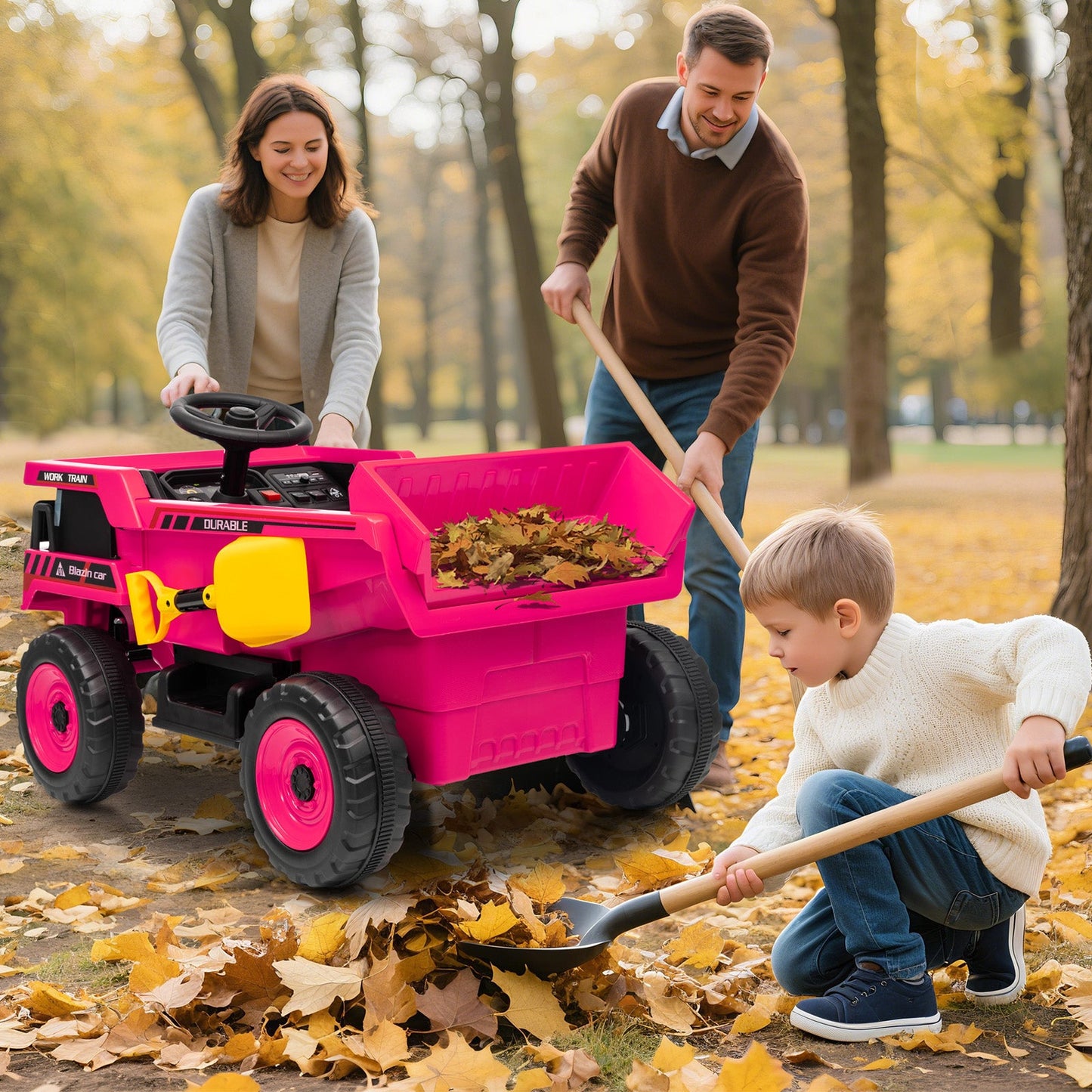 Garvee Ride - P Series: 12V Kids Ride On Dump Truck Electric Car Toy with Remote Control, Auto Dump Bed & Shovel, Durable Plastic, LED Lights & Music, Rose Red, Outdoor Play for Toddlers