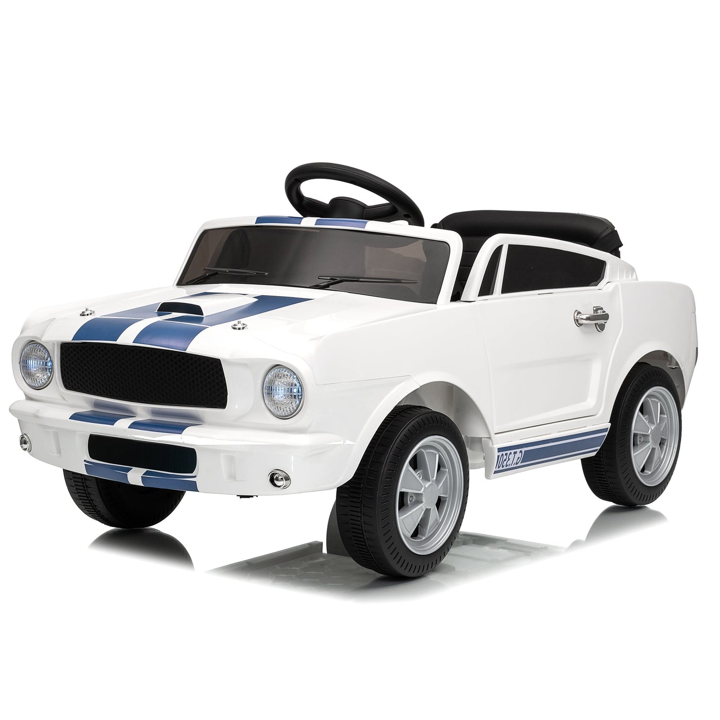 Garvee Ride - P Series: 12V Kids Ride On Car Shelby GT350 Replica with Remote Control, LED Lights, USB Port, Music, Safety Harness, White for Outdoor Fun